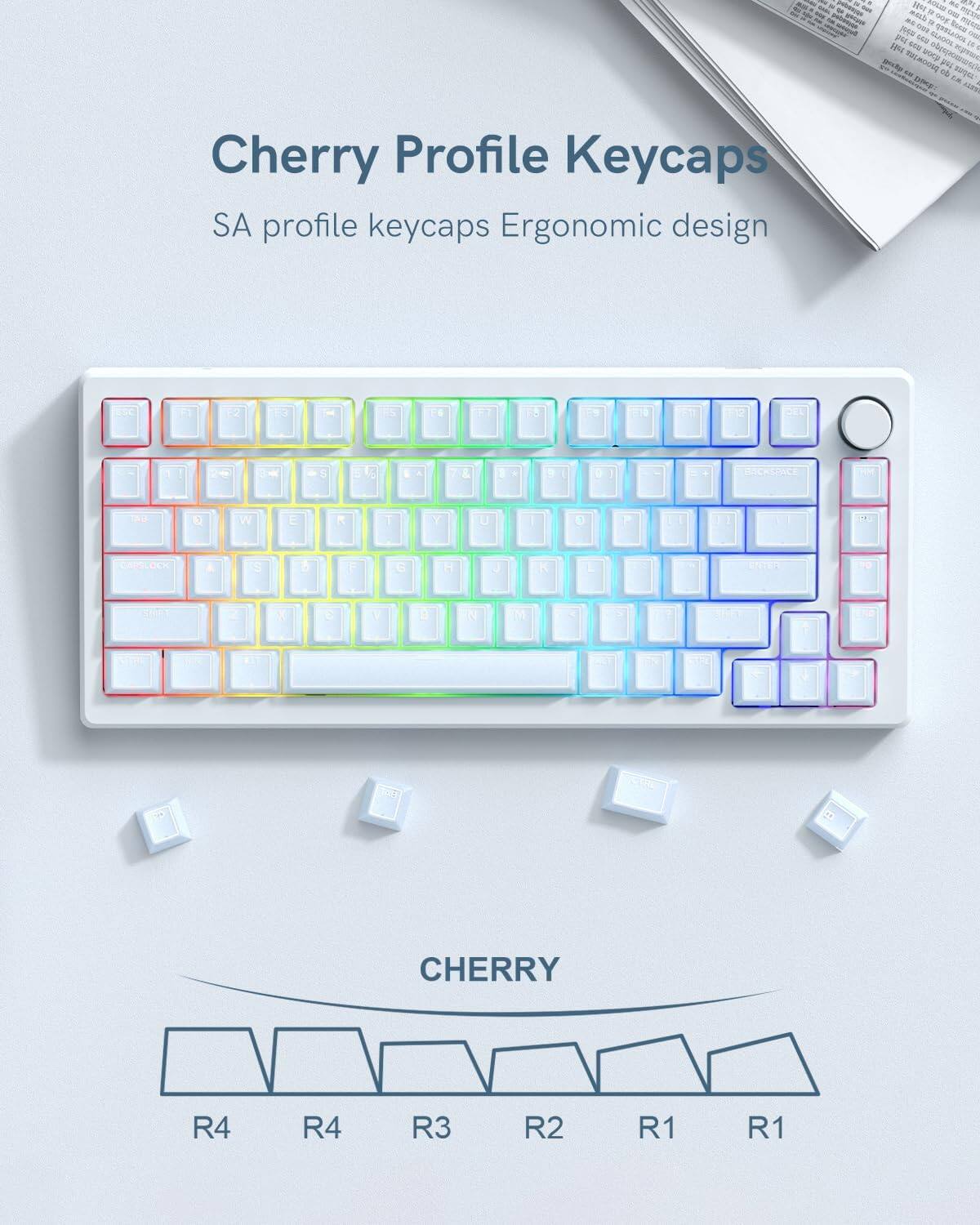 - Tou e d  
- Lam  
- P  
- S SD mgo WP  
- F  
- N M  
- I  
- O 1N TULMOONG  
- Tht . de TOu  
- 1 JV  
- Cherry Profile Keycaps  
- SA profile keycaps  
- Ergonomic design  
- BSC F1 -2 E3 - IS F T5 -9 20 102 DEL 1  
- S & 3 . . D  
- SUTORSINCE  
- 1 W E R T Y E - 5 P . A S A F 6 H U K L eNTeN TO SpR 2 X C 1 a N I +  
- J Foe oa  
- CHERRY  
- R4 R4 R3 R2 R1 R1