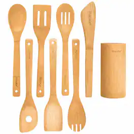 BlauKe - Bamboo Kitchen Utensils Set - Wooden Cooking Utensils for Nonstick Cookware - Cooking Spoons, Tongs, Utensil Holder - Beige
