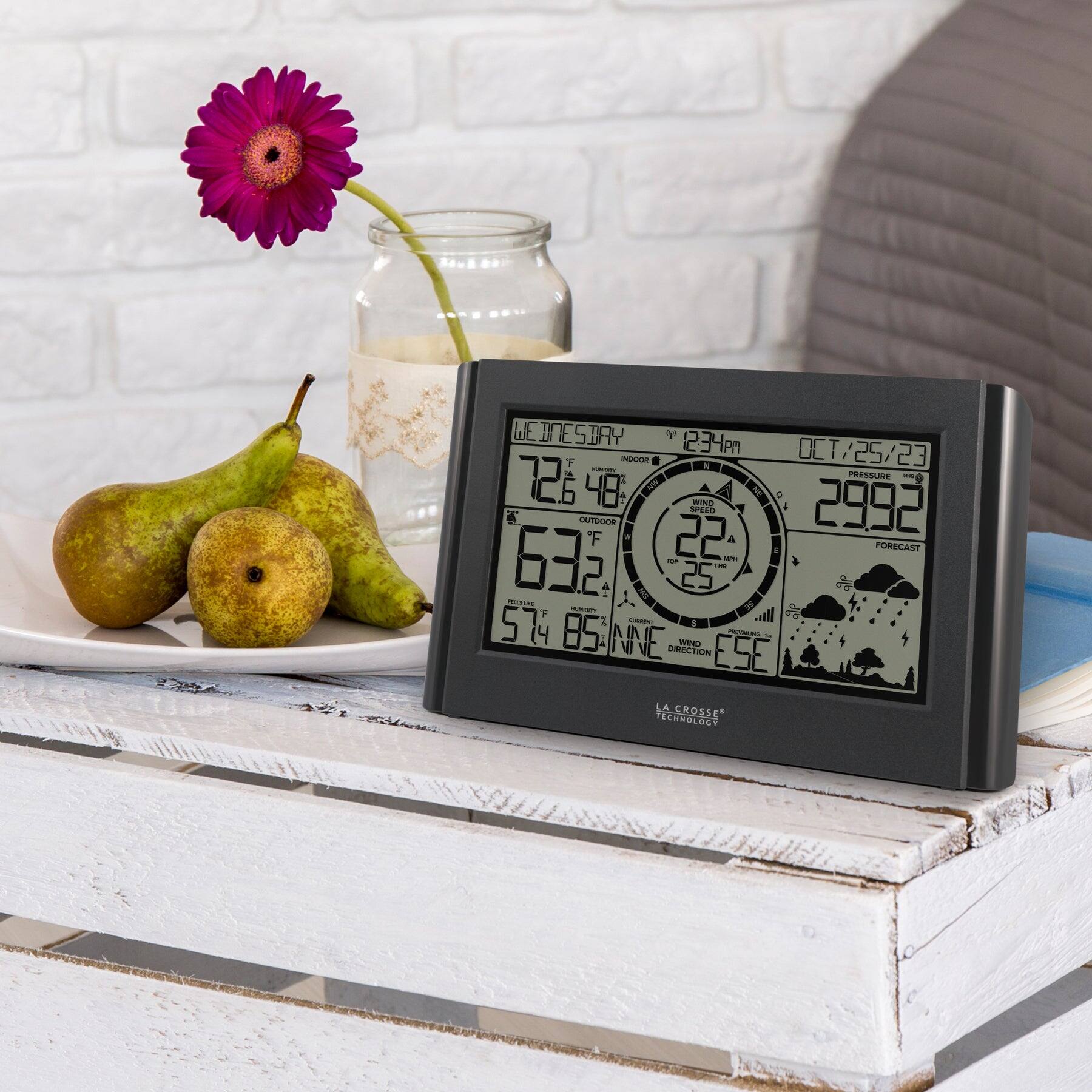 WEDNESDAY  
12:34 PM  
OCT 25/23  

INDOOR  
72°F  
48%  

OUTDOOR  
63°F  
57%  
85%  
NNE  

PRESSURE  
29.92  

WIND  
22 MPH  

FORECAST  
25%  
ESE  

LA CROSSE TECHNOLOGY