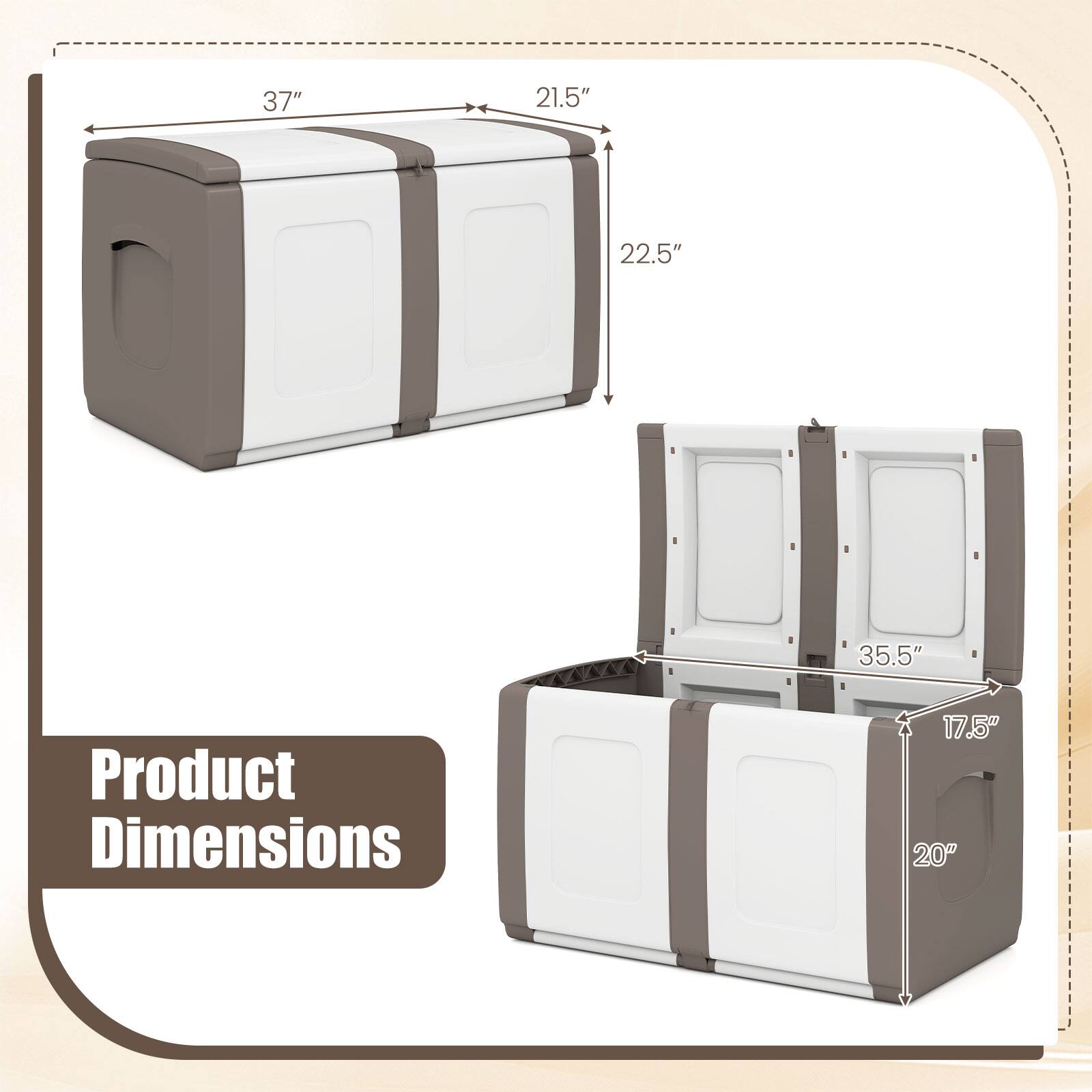 Product Dimensions

- 37" (length)
- 21.5" (height)
- 22.5" (width)
- 35.5" (internal height)
- 17.5" (internal width)
- 20" (internal depth)