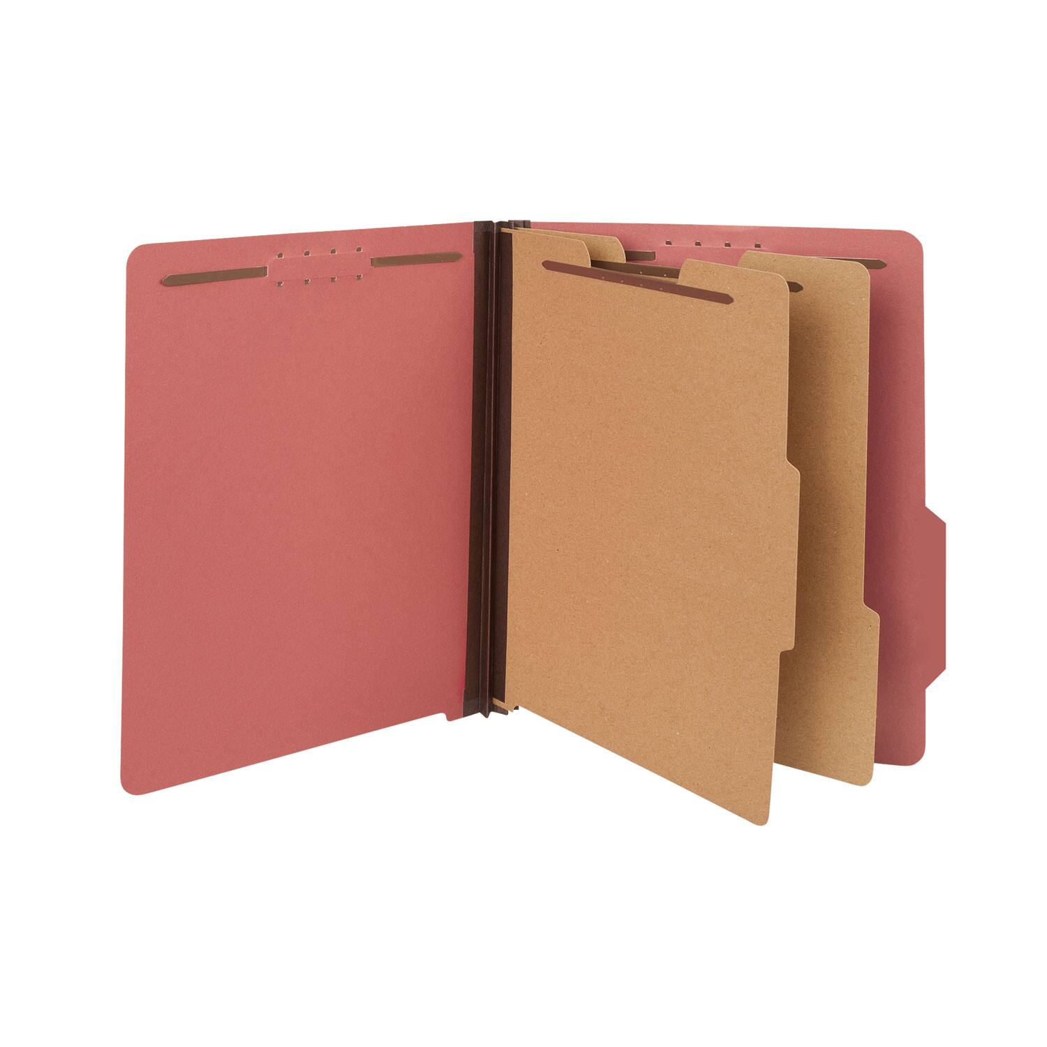 Angle. Universal - Bright Colored Pressboard Classification Folders, 2" Expansion, 2 Dividers, 6 Fasteners, Letter Size, Ruby Red, 10/Box.