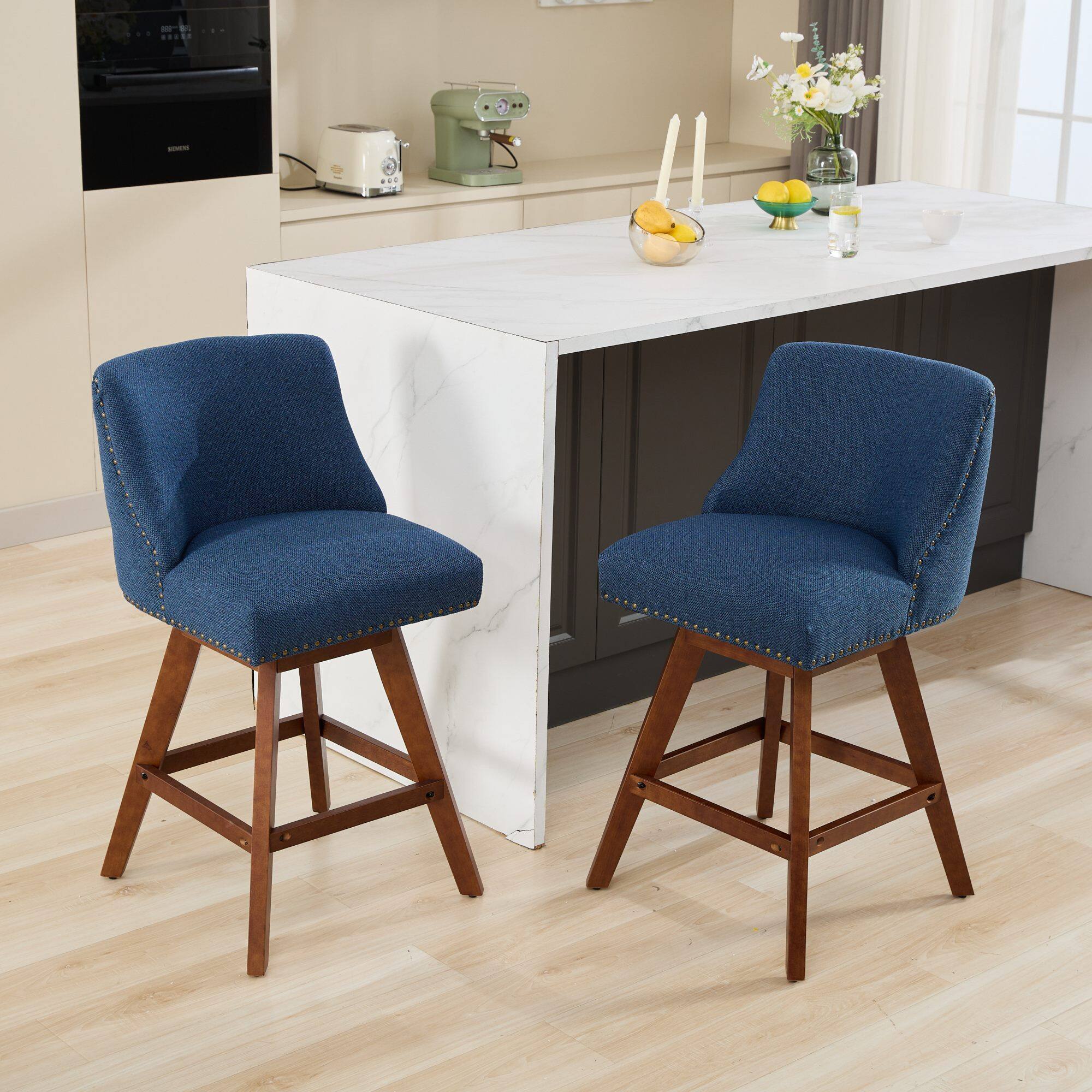 Left. Trinkets Crazed - Counter Height Swivel Barstools Set of 2, 26'' H Seat Height Upholstered Bar Stools, Fabric - Blue.