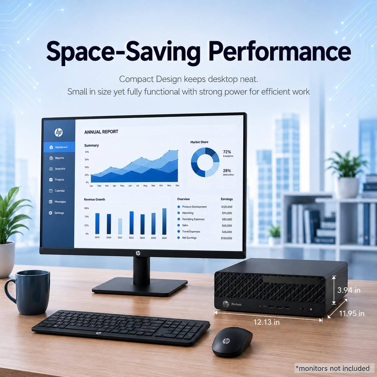 Space-Saving Performance  
Compact Design keeps desktop neat.  
Small in size yet fully functional with strong power for efficient work  

ANNUAL REPORT  
1. Summary  
   - Market Share: 72% Enterprise, 28% SMB & Other  
   - Analytics  
   - Projects  

2. Revenue Growth  

3. Overview  
   - Product Development: $120,000  
   - Marketing: $9,000  
   - Operating Expenses: $8,000  
   - Sales: $45,000  
   - Expenses: $43,200  
   - IT Earnings: $10,000  
   - Net Earnings: $150,000  

*monitors not included