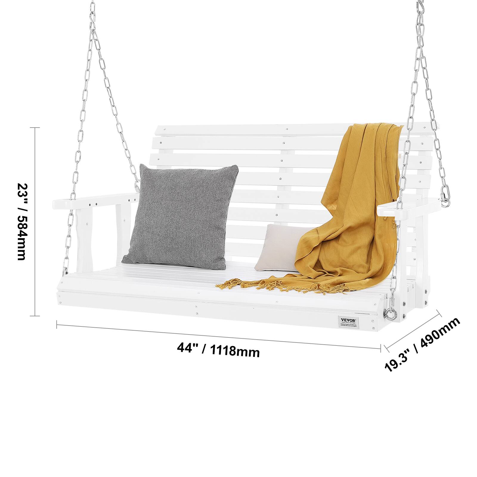 The dimensions of the swing are:

- Length: 44" / 1118 mm
- Width: 19.3" / 490 mm
- Height: 23" / 584 mm