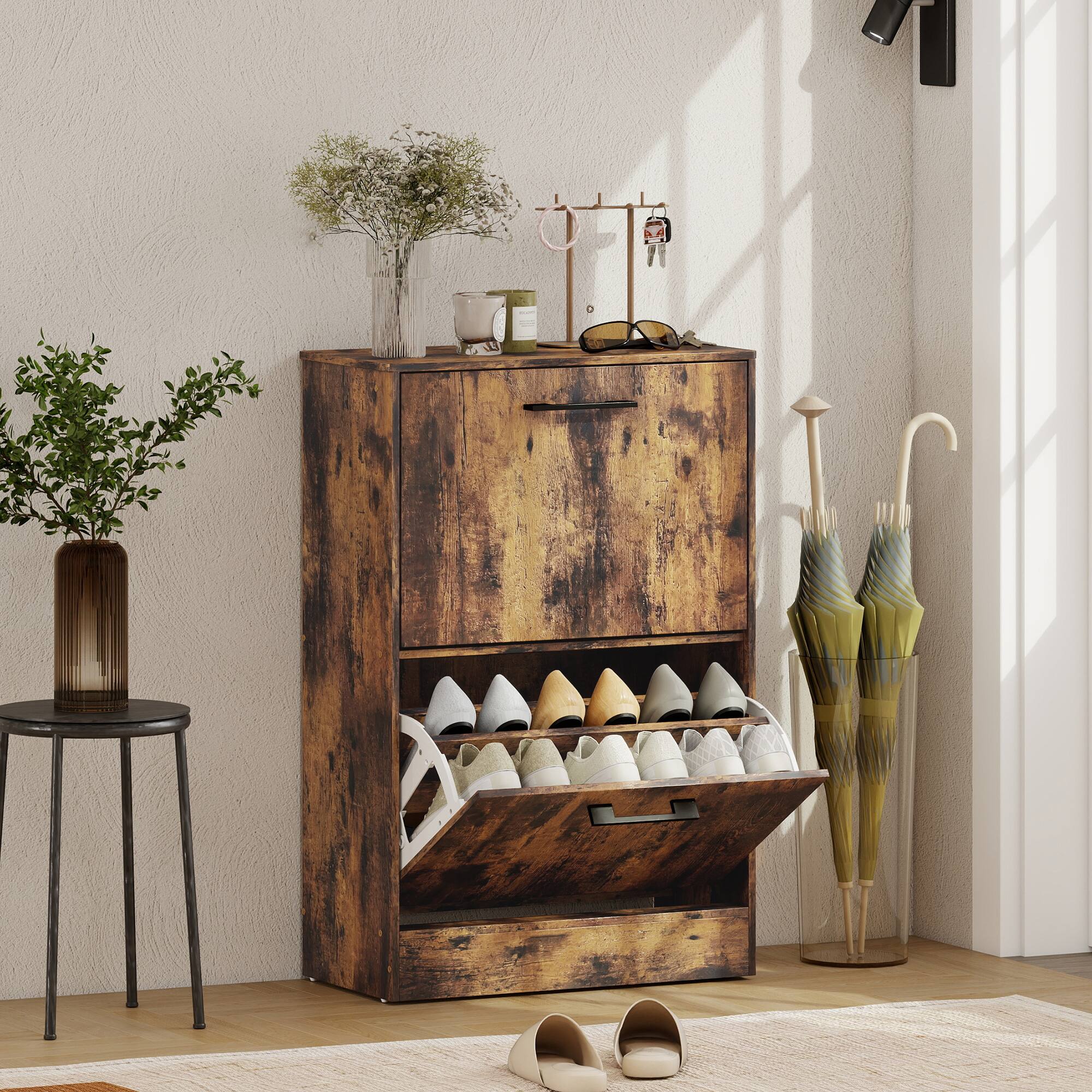 Alt View 1. Homcom - Cabinet 2 Flip Drawers Narrow Shoe Storage Unit Adjustable Dividers Entryway Hallway Rustic - Rustic Brown.