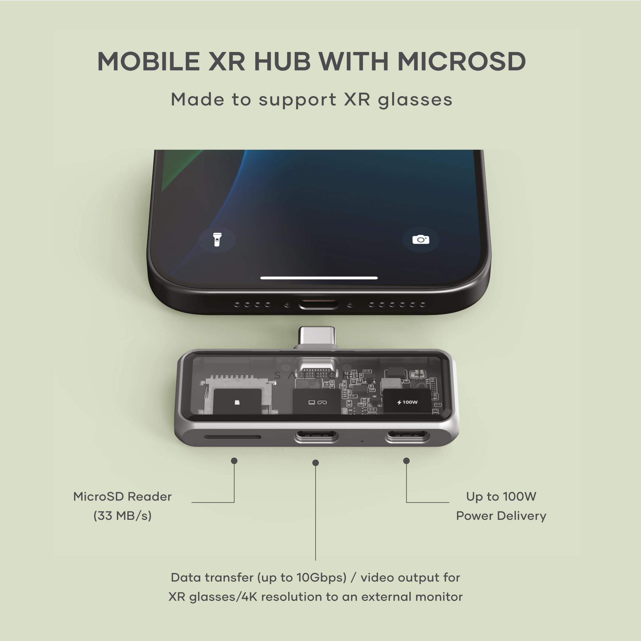 MOBILE XR HUB WITH MICROSD  
Made to support XR glasses  

- WET MicroSD Reader (33 MB/s)  
- Up to 100W Power Delivery  
- Data transfer (up to 10Gbps) / video output for XR glasses/4K resolution to an external monitor