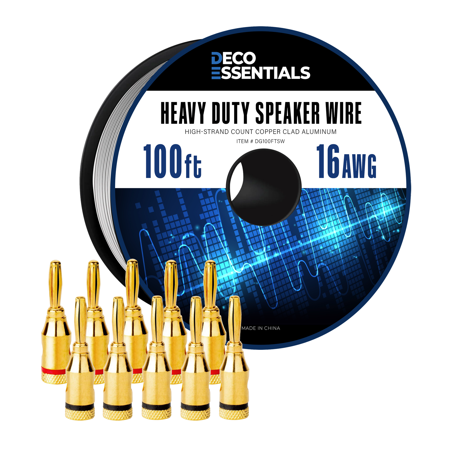 DECO ESSENTIALS HEAVY DUTY SPEAKER WIRE HIGH-STRAND COUNT COPPER CLAD ALUMINUM ITEM # DG100FTSW 100 ft 16AWG MADE IN CHINA
