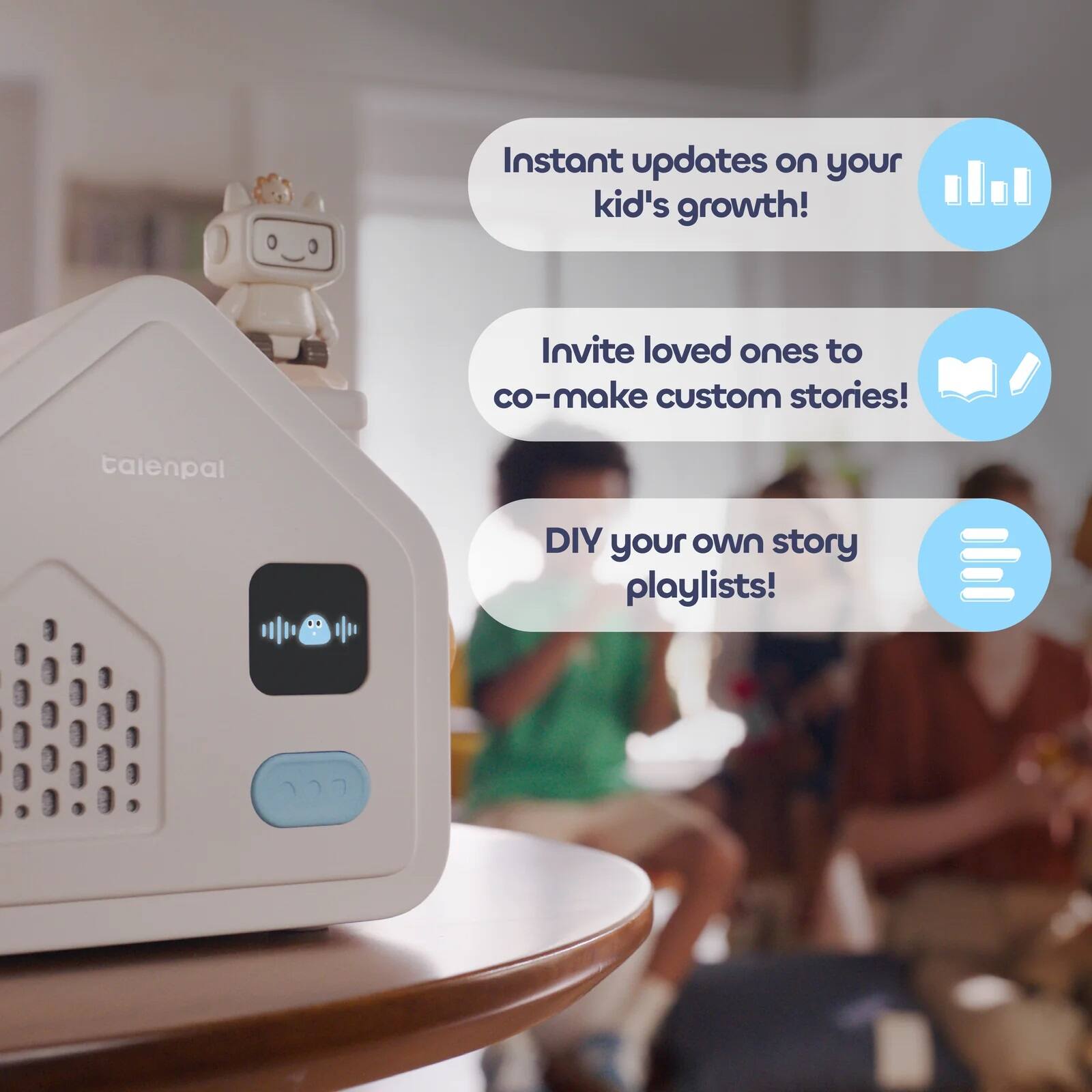 Instant updates on your kid's growth!  
Invite loved ones to co-make custom stories!  
DIY your own story playlists!