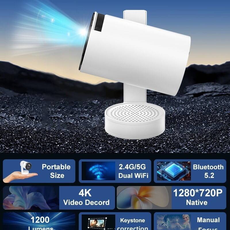 Portable Size  
2.4G/5G Dual WiFi  
Bluetooth 5.2  
4K Video Decord  
1280*720P Native  
1200 Lumens  
Keystone correction  
Manual Focus