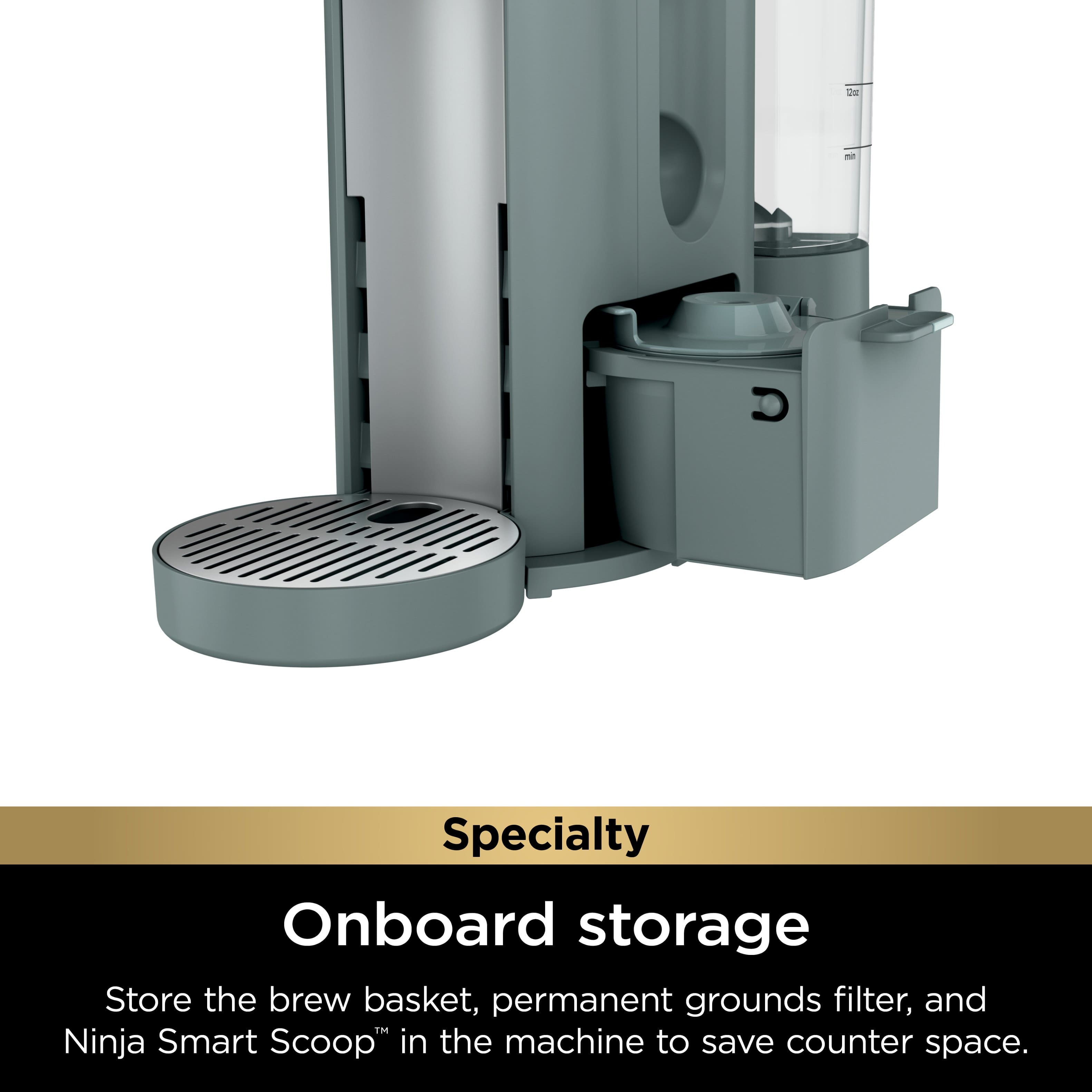 The image features a specialty coffee maker with a unique design. It has a large container that serves as a storage area for various coffee-making accessories. The container is located on the side of the coffee maker and is designed to save counter space. The coffee maker also has a built-in brew basket, a permanent grounds filter, and a Ninja Smart Scoop, which can be stored within the machine. This innovative design makes it a convenient and space-saving option for coffee enthusiasts.