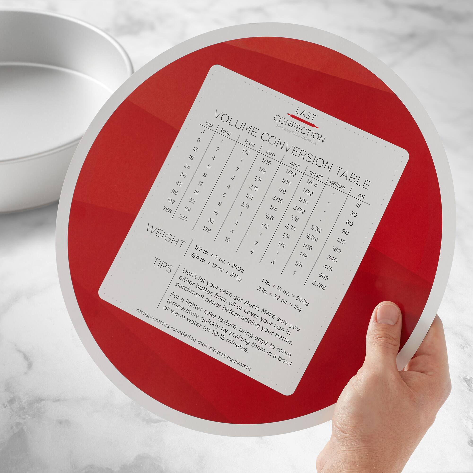 LAST CONFECTION  
VOLUME CONVERSION TABLE  

| 1/2 tsp | 1 tsp | 1 tbsp | 1/2 oz | 1 oz | 1/2 cup | 1 cup | 1/2 pint | 1 pint | 1/2 quart | 1 quart | 1/2 gallon | 1 gallon | mL |
|--------|------|-------|-------|------|--------|-------|---------|--------|----------|---------|-----------|----------|----|
| 3      | 6    | 18    | 2     | 4    | 12    | 24    | 48     | 96     | 192     | 384     | 768     | 1536     | 15     |
| 6      | 12   | 36    | 4     | 8    | 24    | 48    | 96     | 192    | 384     | 768     | 1536    | 30      |
| 12     | 24