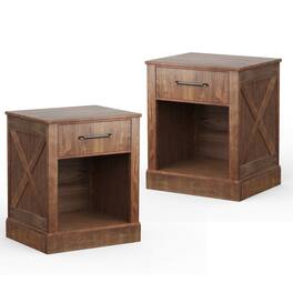 Gymax - 2PCS Nightstand with Drawer and Shelf Rustic Wooden Bedside Table Bedroom - Brown