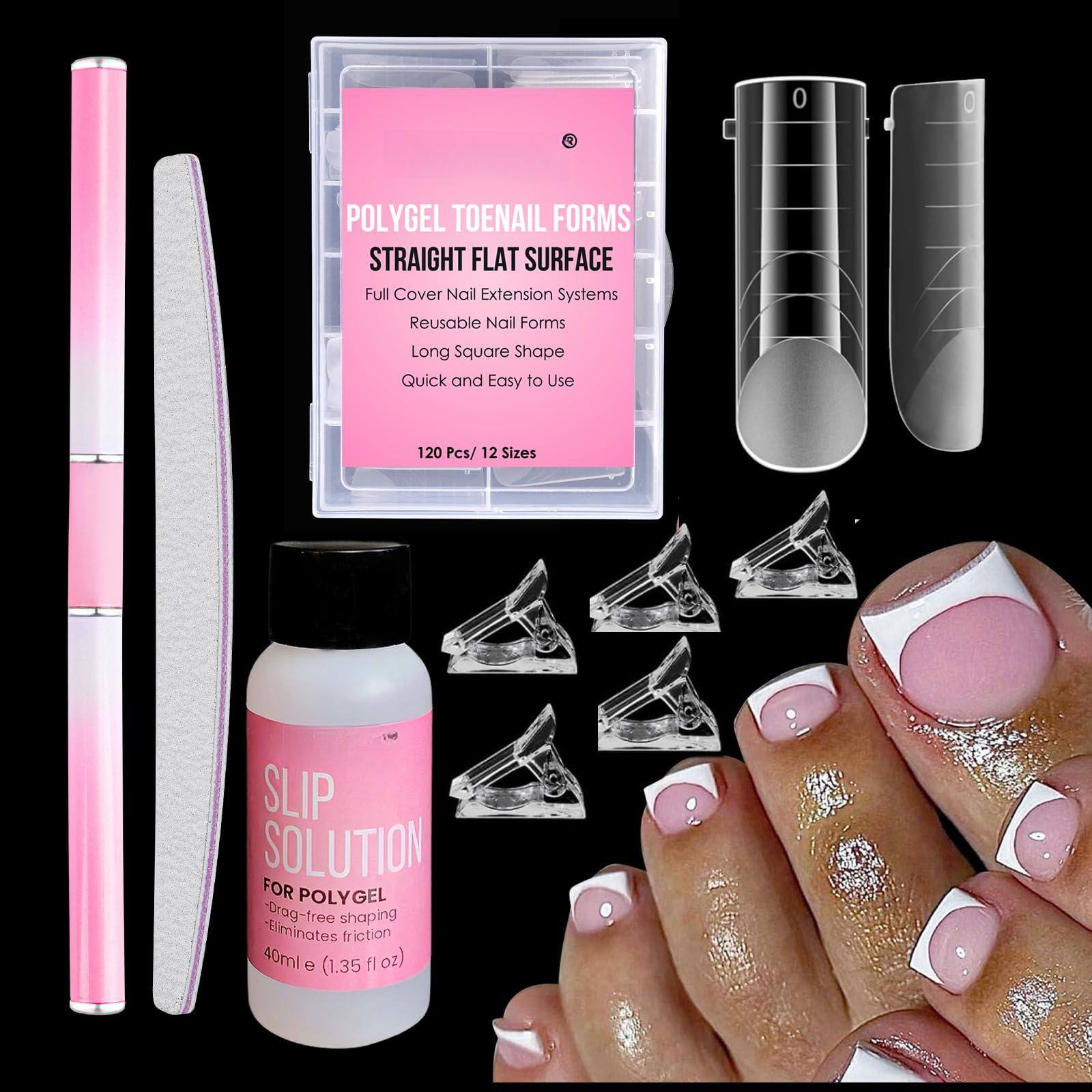 Stylel Star - Straight Flat Polygel Forms Kit Toes Reusable Toenails Dual 35Oz Slip Solution Anti Stick Ended Brush File Clips Sizes
