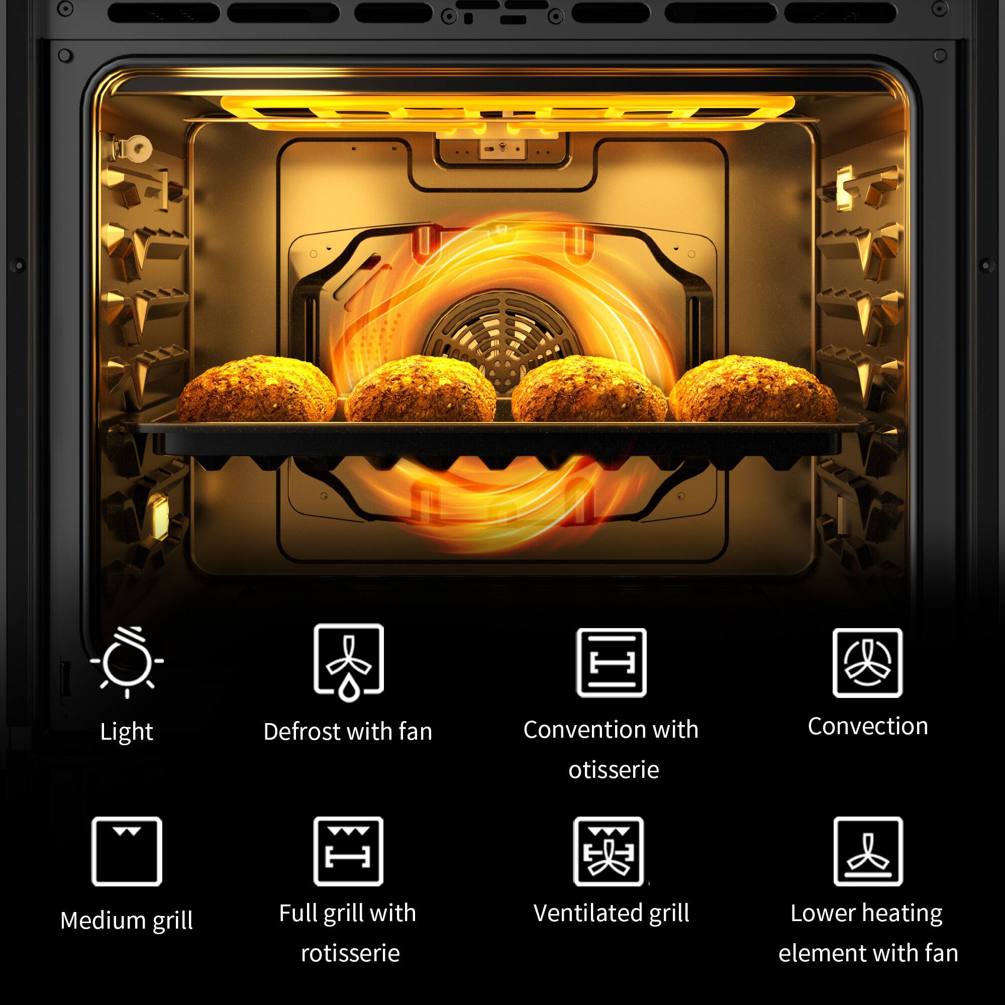 - Light
- Defrost with fan
- Convention with rotisserie
- Convection
- Medium grill
- Full grill with rotisserie
- Ventilated grill
- Lower heating element with fan