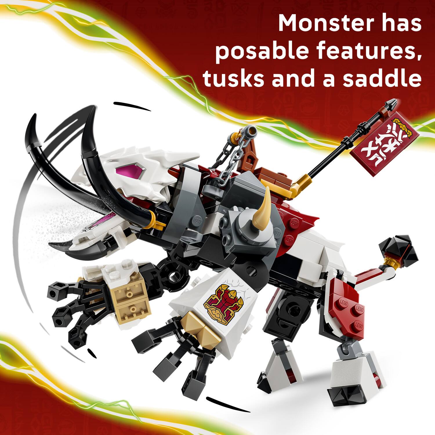 Monster has posable features, tusks and a saddle