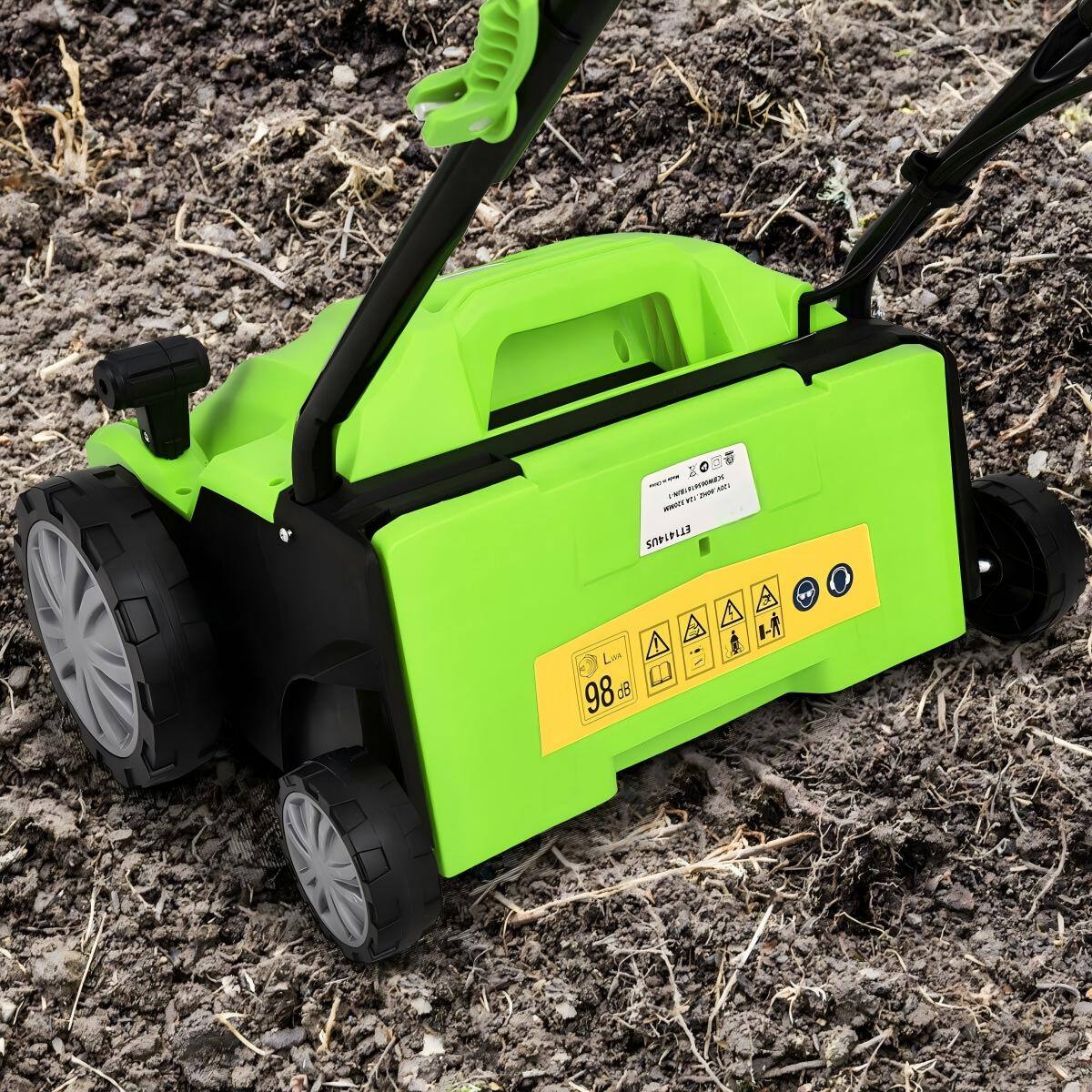 Sure, here is the corrected and grouped text from the image:

---

**Lawn Mower Information:**

- **Model:** L3400
- **Noise Level:** 98 dB
- **Warranty:** 2 years
- **Made in China**

**Safety and Usage Instructions:**

- **Warning Symbols:**
  - Do not operate near children.
  - Keep away from water.
  - Do not operate on slopes.
  - Do not operate near power lines.
  - Do not operate near flammable materials.
  - Do not operate near animals.
  - Do not operate near pedestrians.

**Additional Information:**

- **SOPPLES**
- **Lawn Mower**

---

This text is grouped and corrected based on the visible labels and symbols on the lawn mower.