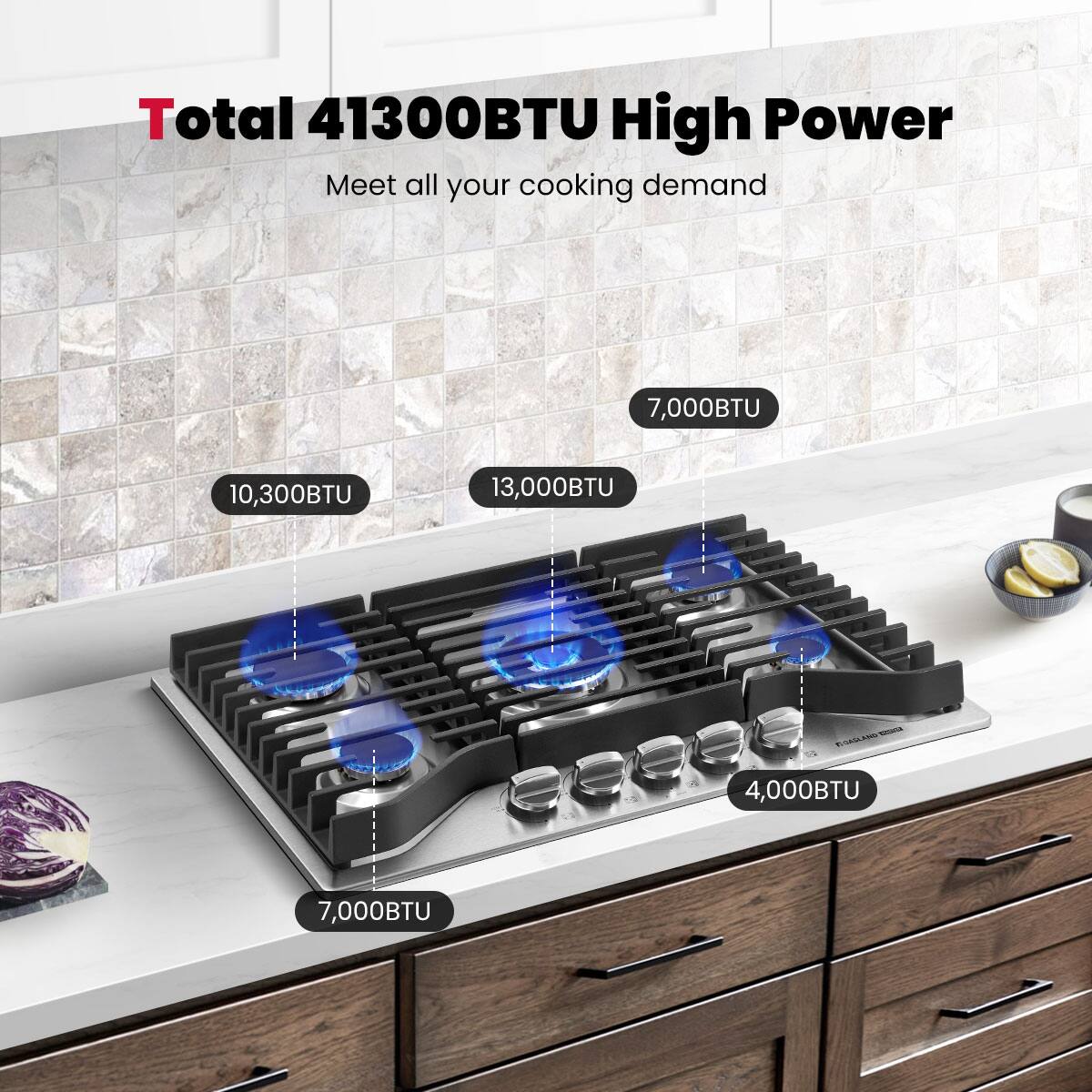 Total 41300BTU High Power Meet all your cooking demand

7,000BTU
10,300BTU
13,000BTU
4,000BTU
7,000BTU