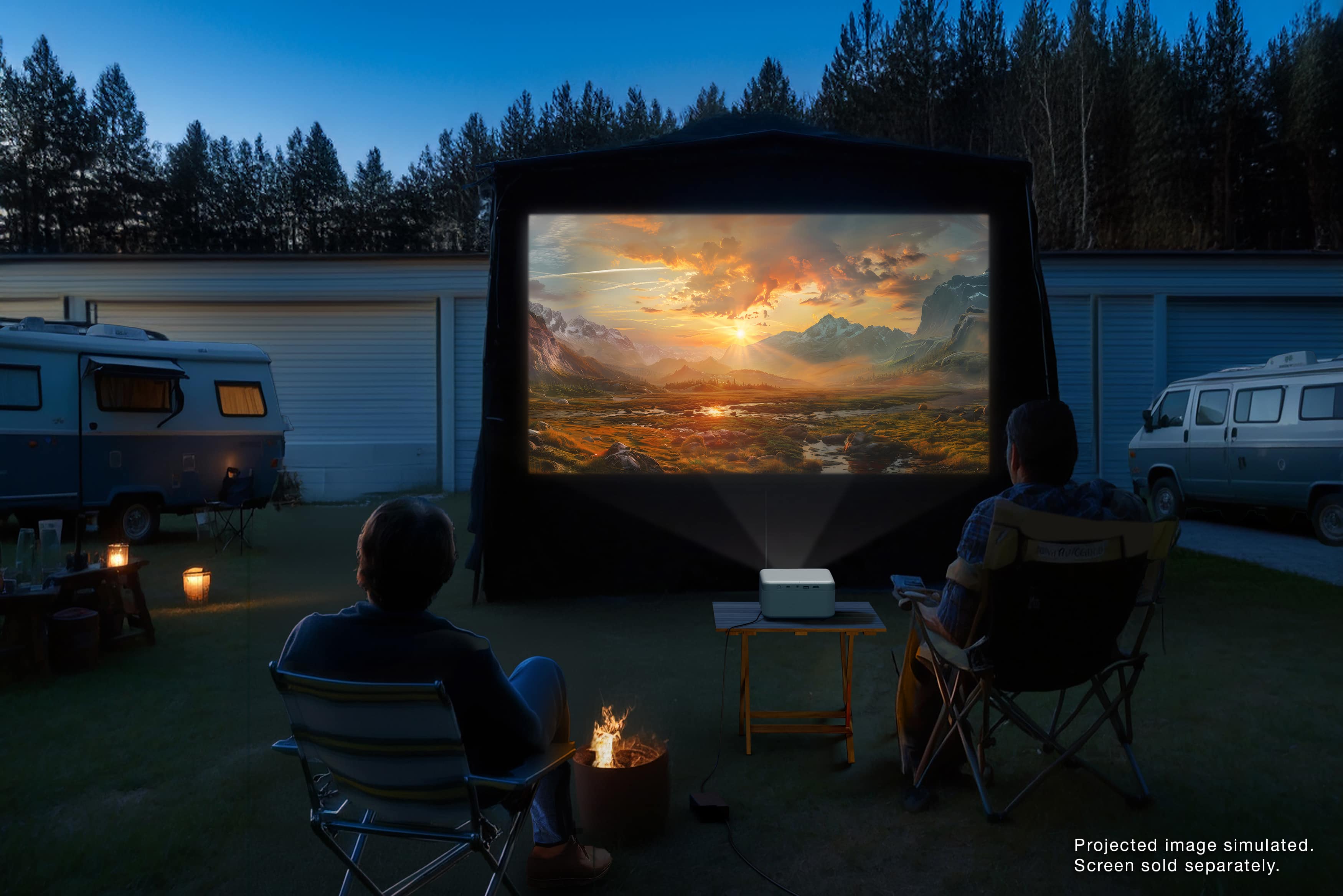 The image shows two men sitting in lawn chairs in a backyard, watching a projected image of a sunset on a screen. The screen is not included in the image and needs to be purchased separately.