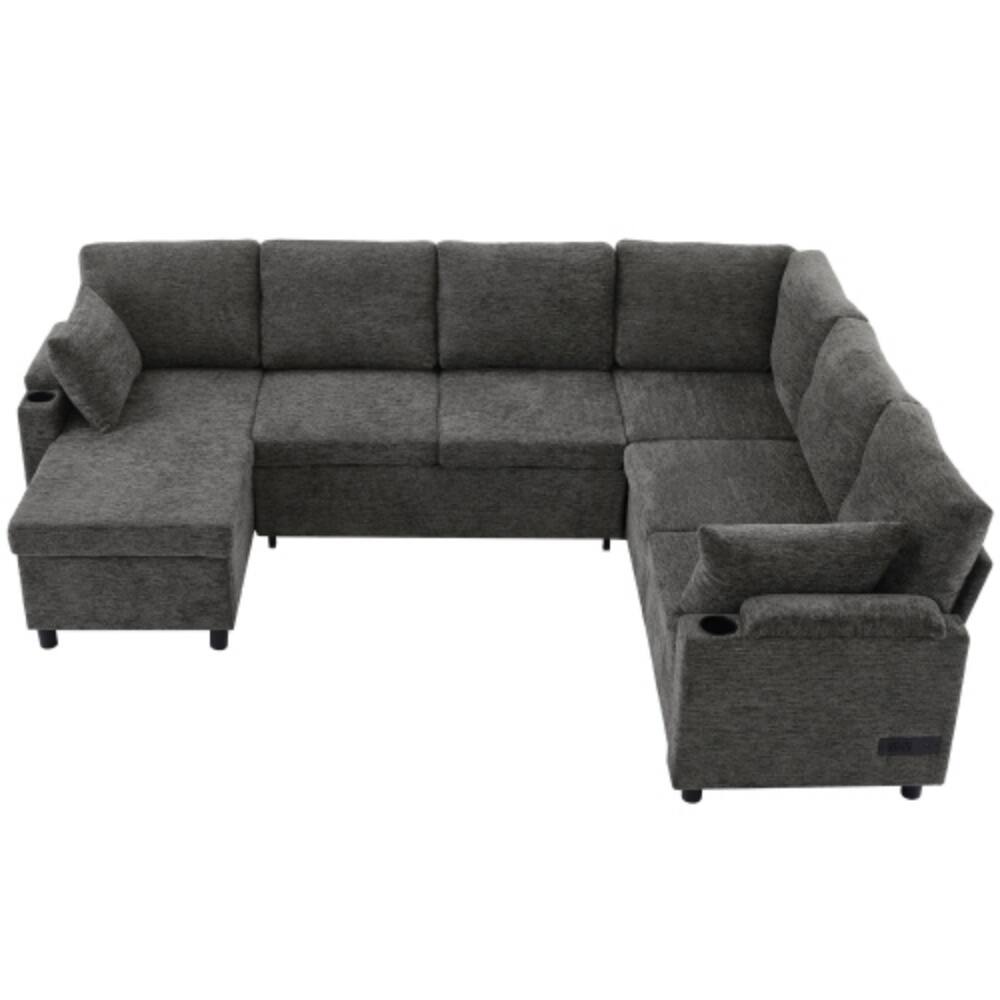 Alt View 4. LUCKY ONE - 109.9" U-Shaped Convertible Sectional Sofa Bed w/ Storage Cup Holders USB Ports - Grey.