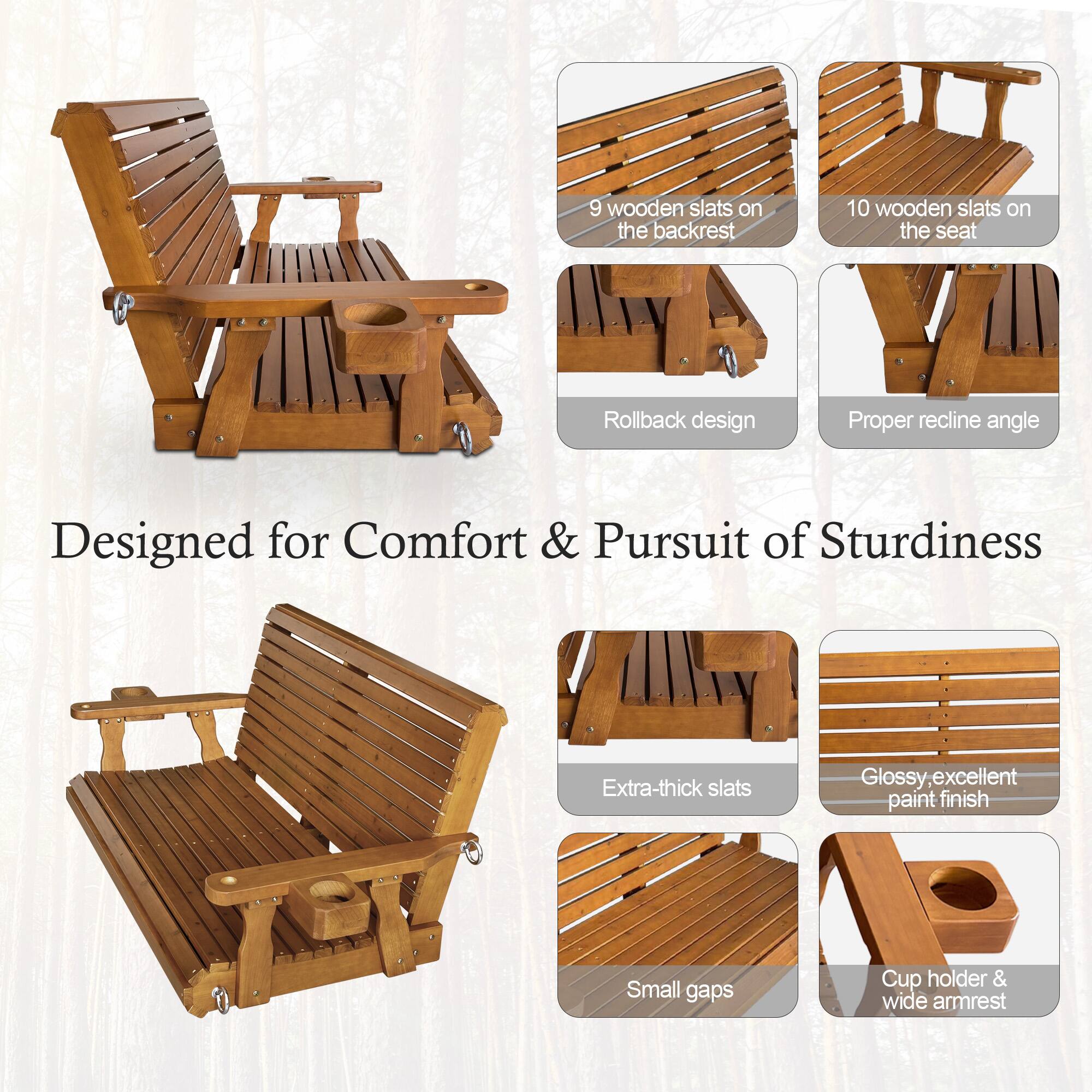 9 wooden slats on the backrest  
10 wooden slats on the seat  
Rollback design  
Proper recline angle  
Designed for Comfort & Pursuit of Sturdiness  
Extra-thick slats  
Glossy, excellent paint finish  
Small gaps  
Cup holder & wide armrest