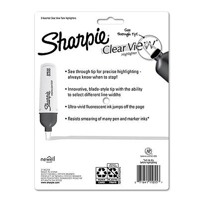 Sure, here is the corrected and grouped text:

---

**Sharpie Clear View Highlighter**

- See through tip for precise highlighting - always know when to stop!
- Innovative, blade-style tip with the ability to select different line widths
- Ultra-vivid fluorescent ink jumps off the page
- Resists smearing of many pen and marker inks*

**Features:**
- 8 Rosored Clear View Highlighter
- See through tip for precise highlighting
- Innovative, blade-style tip with the ability to select different line widths
- Ultra-vivid fluorescent ink
- Resists smearing of many pen and marker inks

**Brand:**
- Newell

**Certifications:**
- AP (Art & Craft Materials - Non-Toxic)

**Barcode:**
- 0 71244 10550 5

**Website:**
- www.sharpie.com

**Made in China**

---

This text is grouped and corrected based on the image provided.