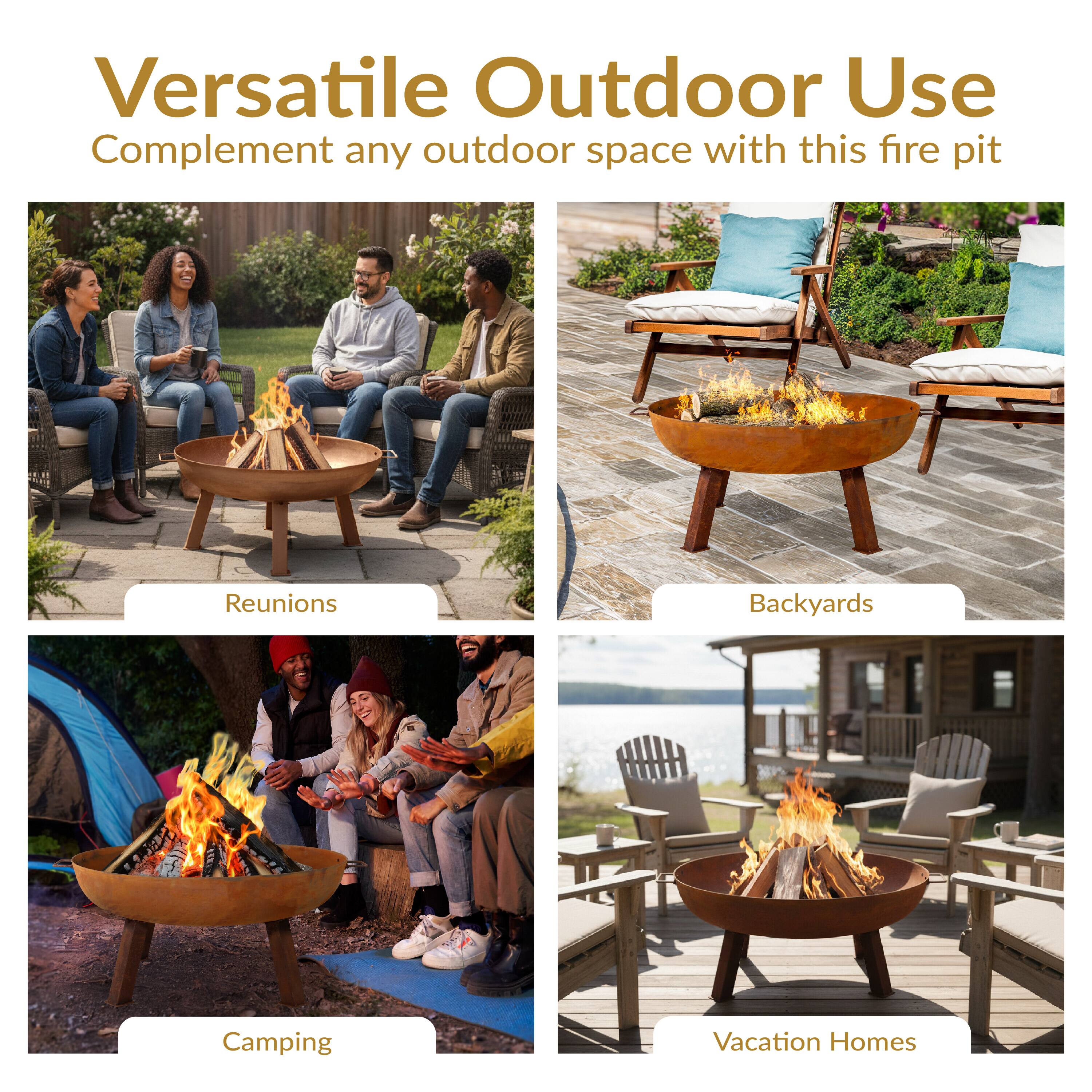 Versatile Outdoor Use  
Complement any outdoor space with this fire pit  

Reunions  
Backyards  
Camping  
Vacation Homes
