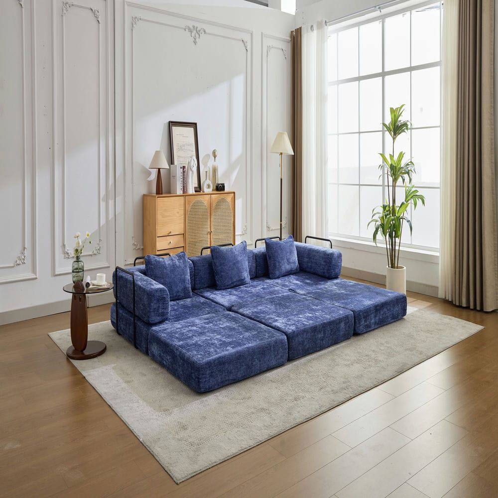 Alt View 1. Kadyn - Compression Sectional Sofa, Convertible Floor Bed with Fixed Frame, Boneless Chenille, Dark Blue - Blue.