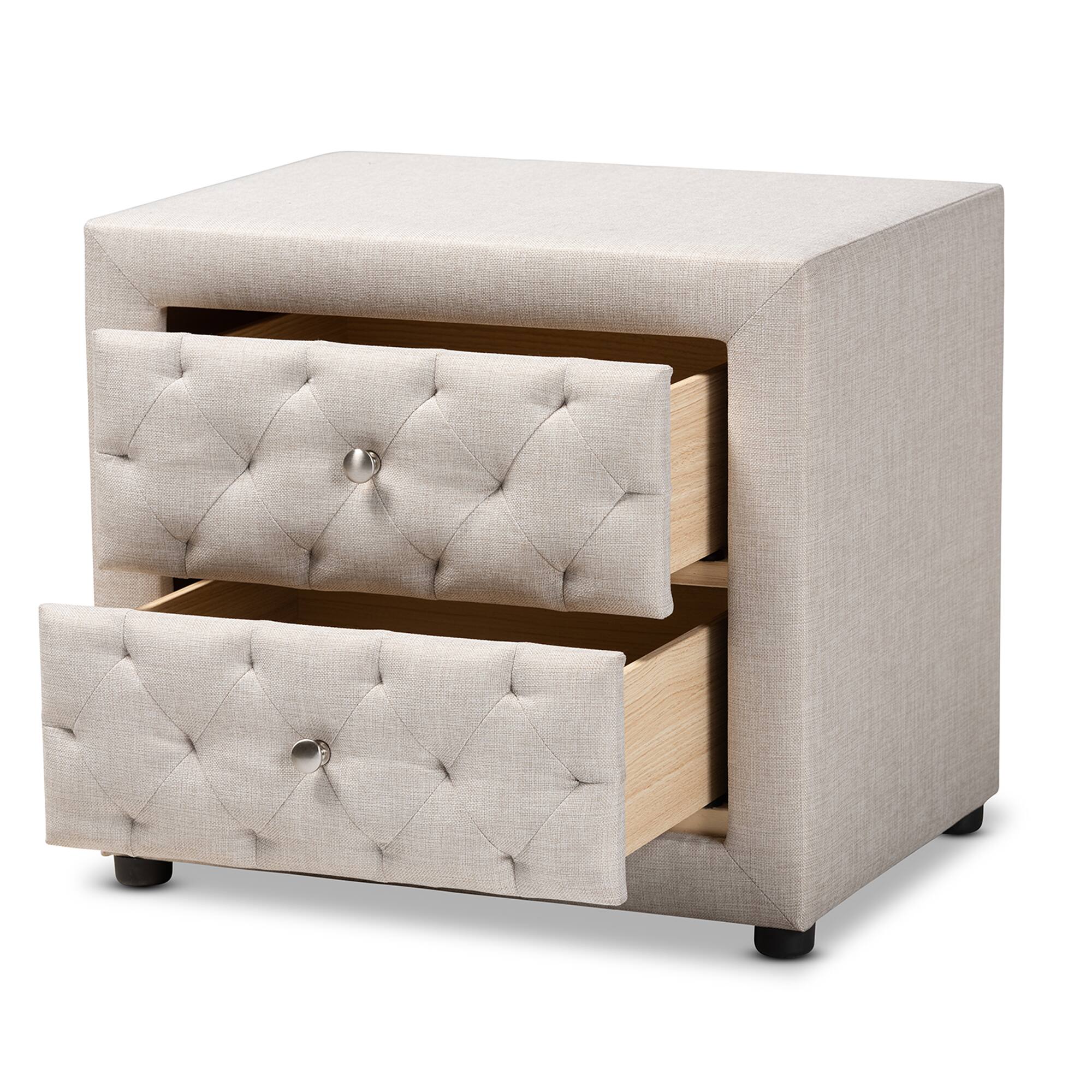 Angle. Baxton Studio - Lepine Modern and Contemporary Fabric Upholstered 2-Drawer Wood Nightstand - Light Beige.