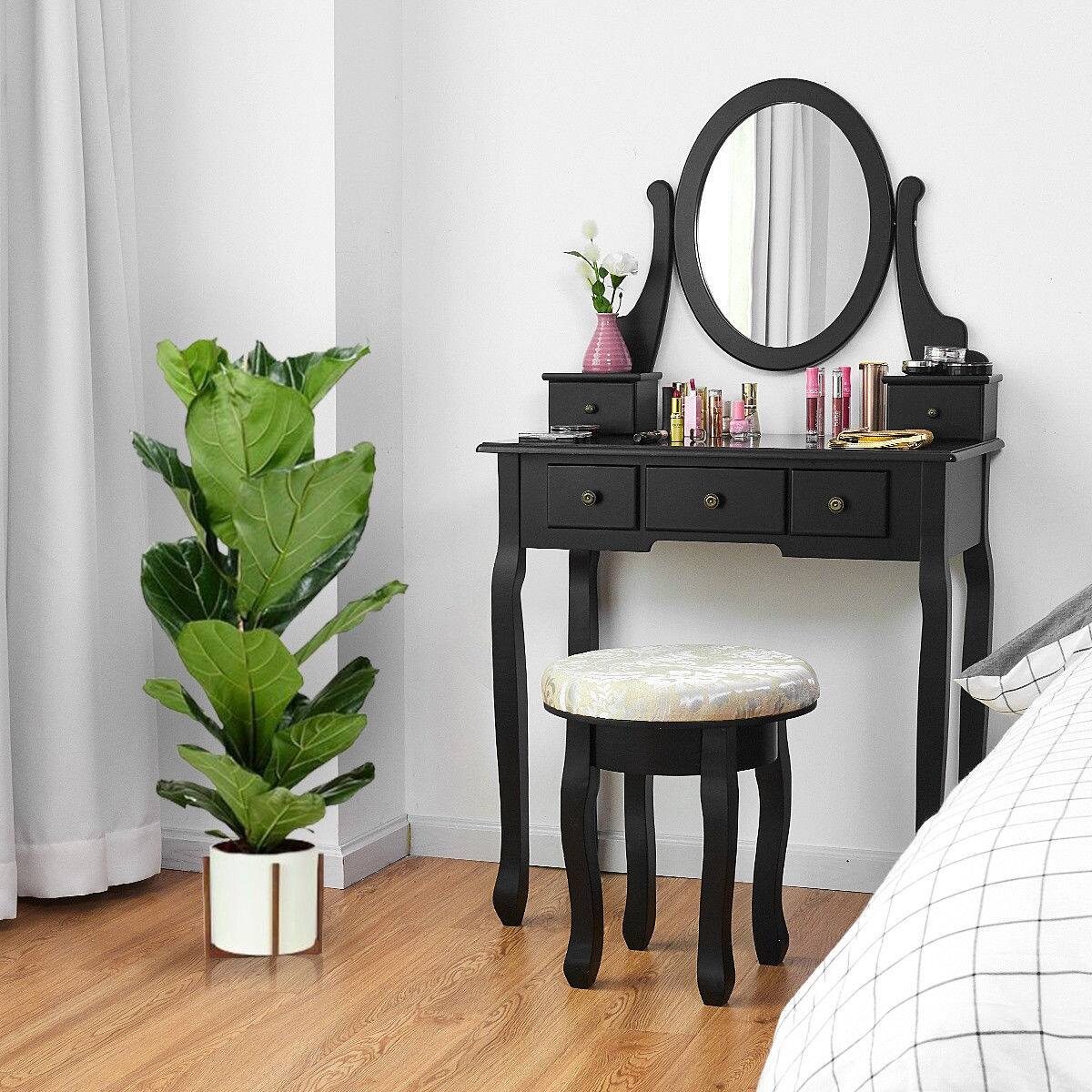 Alt View 5. Ecooso - Makeup Vanity Table with Padded Stool, Large Countertop and Simple Bedroom Style - Black.