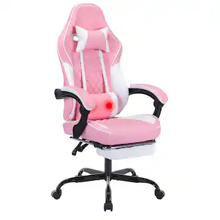 Bestier - Ergonomic Reclining Gaming Chair, Thick Spring Cushion, Massage Lumbar & Retractable Footrest - Pink