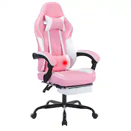 Bestier - Ergonomic Reclining Gaming Chair, Thick Spring Cushion, Massage Lumbar & Retractable Footrest - Pink