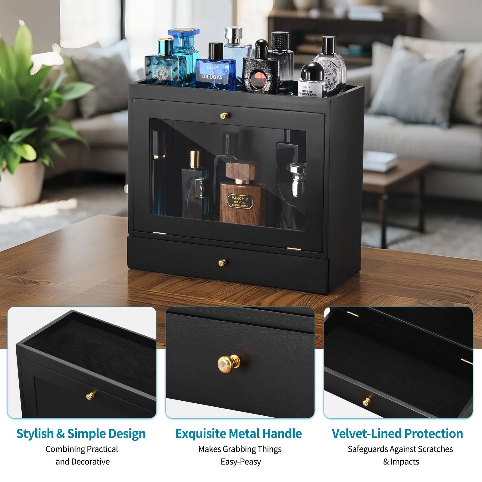 BLUE DILUOYA - a stylish and simple design combining practical and decorative. Exquisite metal handle velvet-lined protection makes grabbing things easy-peasy and safeguards against scratches & impacts.