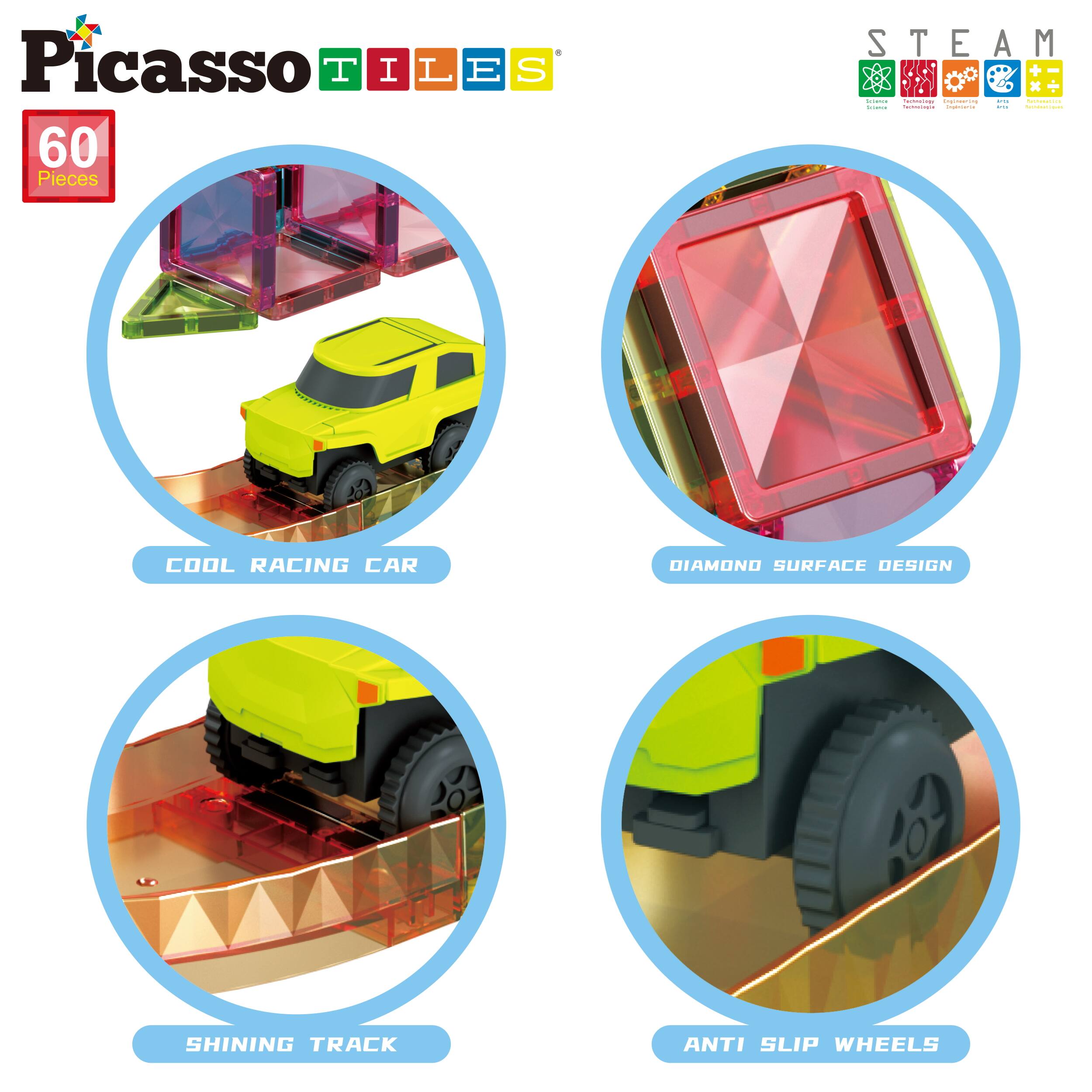 Picasso Tiles  
60 Pieces  
STEAM  
COOL RACING CAR  
DIAMOND SURFACE DESIGN  
SHINING TRACK  
ANTI SLIP WHEELS