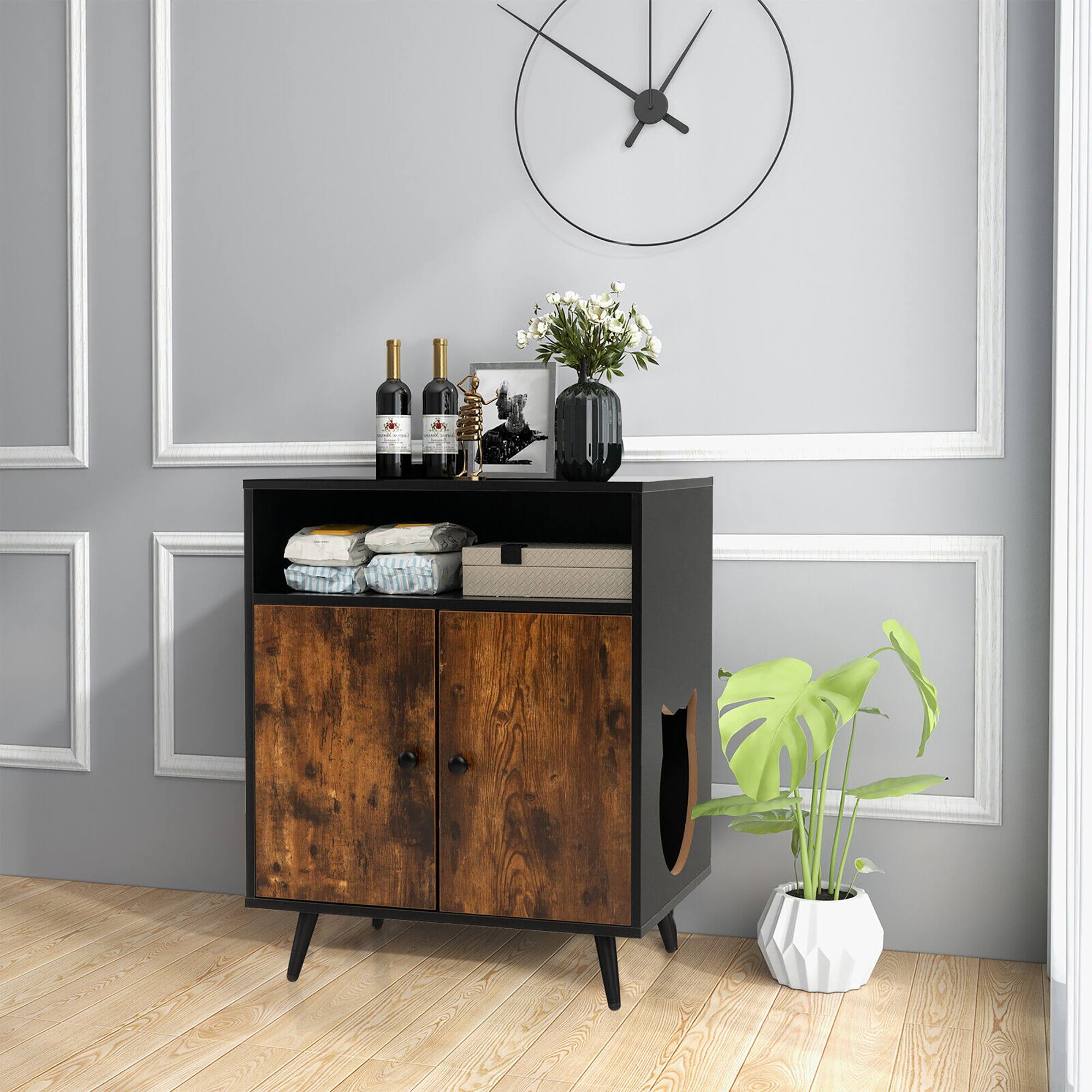 Alt View 4. Gymax - Gymax Cat Litter Box Enclosure Hidden Cat Washroom Cabinet with Entry Open Compartment - Black + Natural.