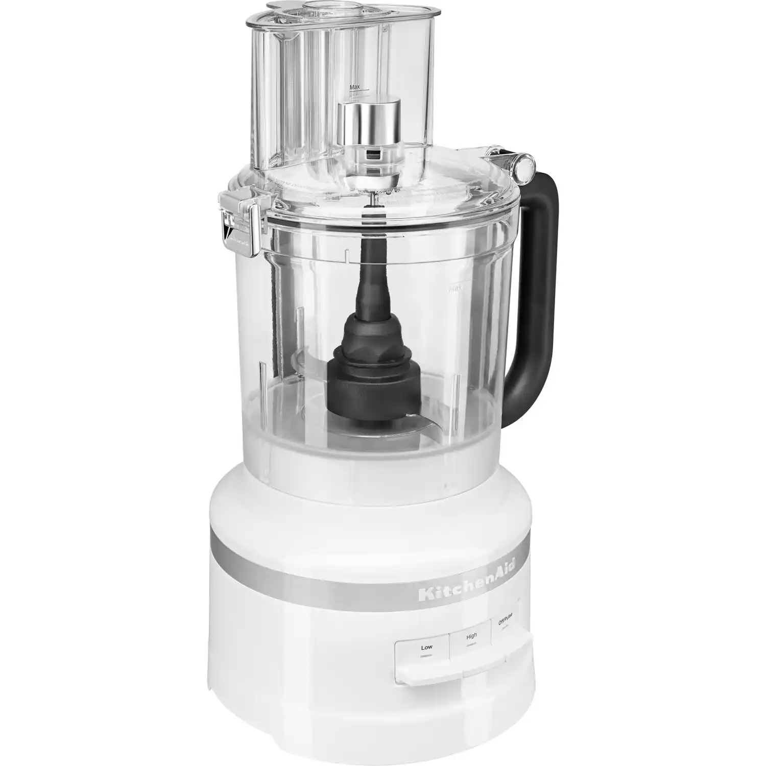 The image features a white KitchenAid blender with a black lid. The blender is sitting on a countertop, and it appears to be in a kitchen setting.
