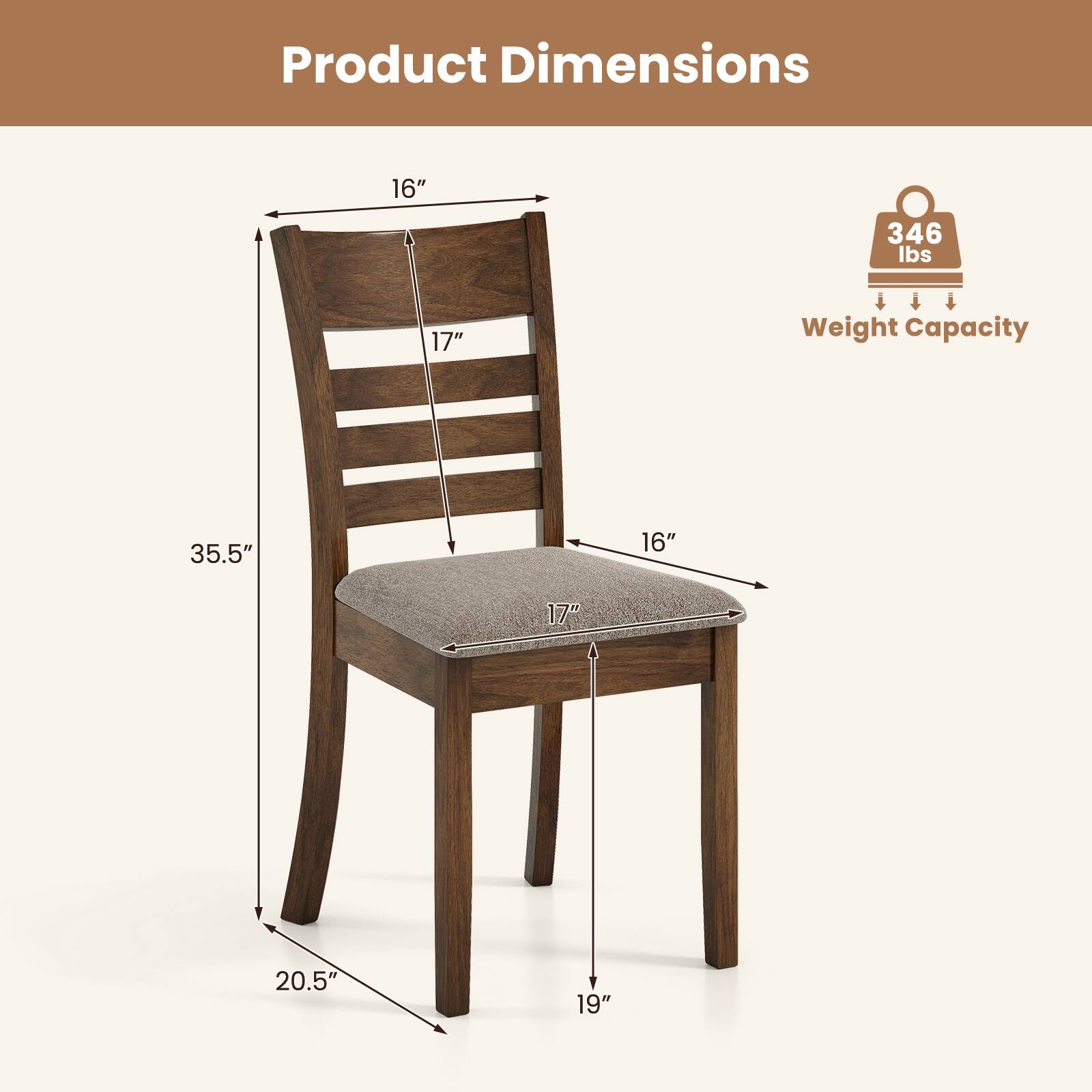 Product Dimensions:  
- Height: 35.5"  
- Width: 19"  
- Depth: 20.5"  
- Seat Height: 17"  
- Back Height: 17"  
- Arm Height: 16"  

Weight Capacity: 346 lbs