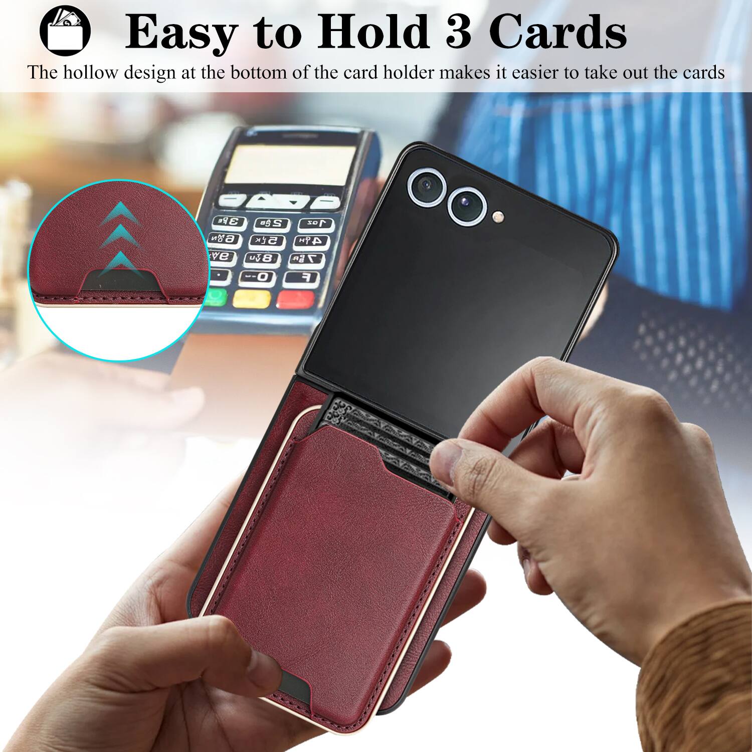 Easy to Hold 3 Cards

The hollow design at the bottom of the card holder makes it easier to take out the cards.