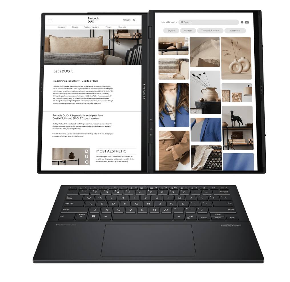 Sure, here is the corrected and grouped text from the image:

---

**Zenbook DUO**

- **Variability**
- **Design**
- **Feature highlights**
- **Privacy**
- **More info**

---

**Let's DUO it.**

**Redefining productivity - Desktop Mode**

Zenbook DUO gets more screen real estate for all your creative work and multitasking needs. With its dual 14-inch OLED touch screens, you can have a secondary display for your work, entertainment, or even a virtual keyboard. The 14-inch OLED display is perfect for immersive viewing, and the 14-inch touch screen is ideal for multitasking. The 14-inch OLED display is perfect for immersive viewing, and the 14-inch touch screen is ideal for multitasking. The 14-inch OLED display is perfect for immersive viewing, and the 14-inch touch screen is ideal for multitasking. The 14-inch OLED display is perfect for immersive viewing, and the 14-inch touch screen is ideal for multitasking. The 14-inch OLED display is perfect for immersive viewing, and the 14-inch touch screen is ideal for multitasking. The 14-inch OLED display is perfect for immersive viewing