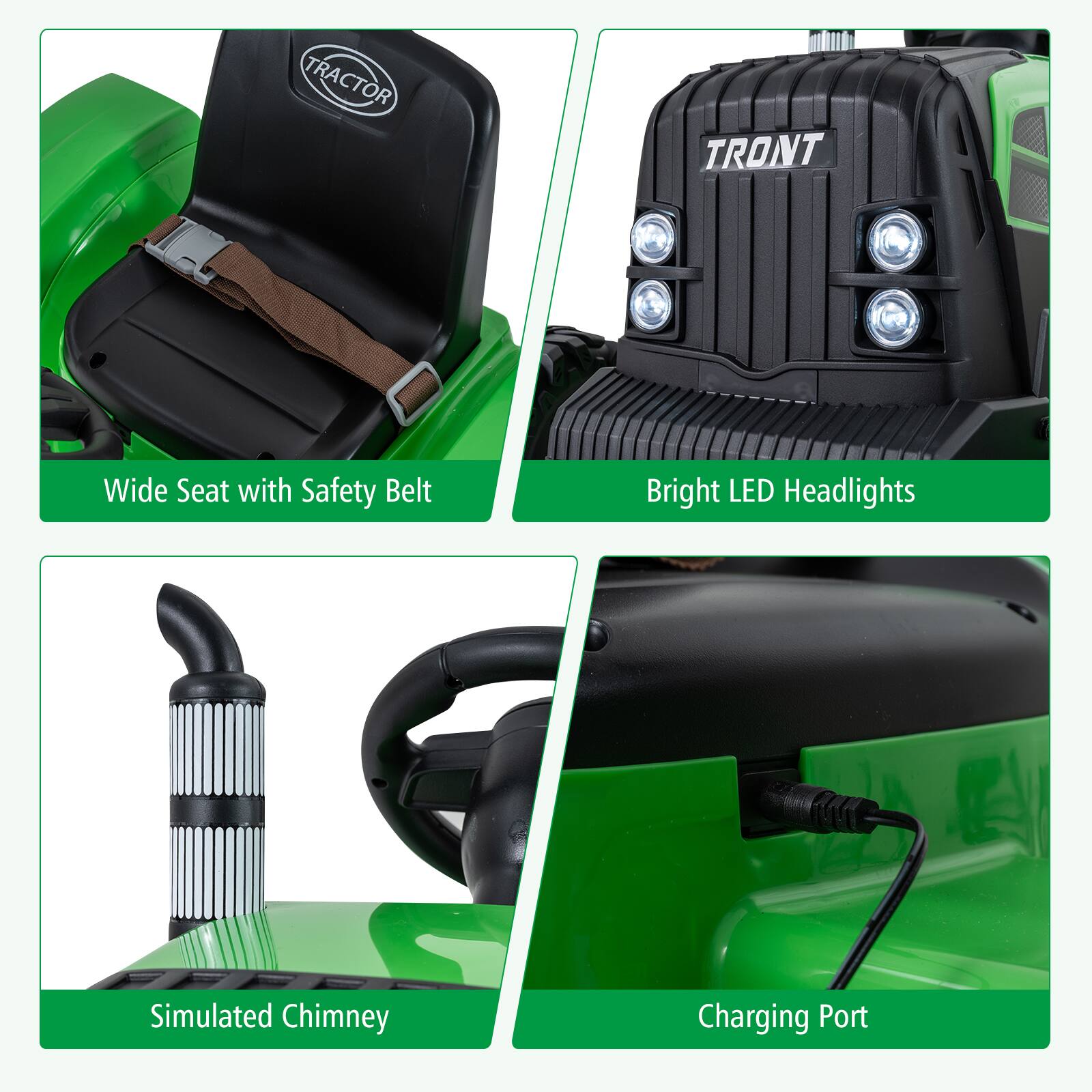 - Wide Seat with Safety Belt
- Bright LED Headlights
- Simulated Chimney
- Charging Port