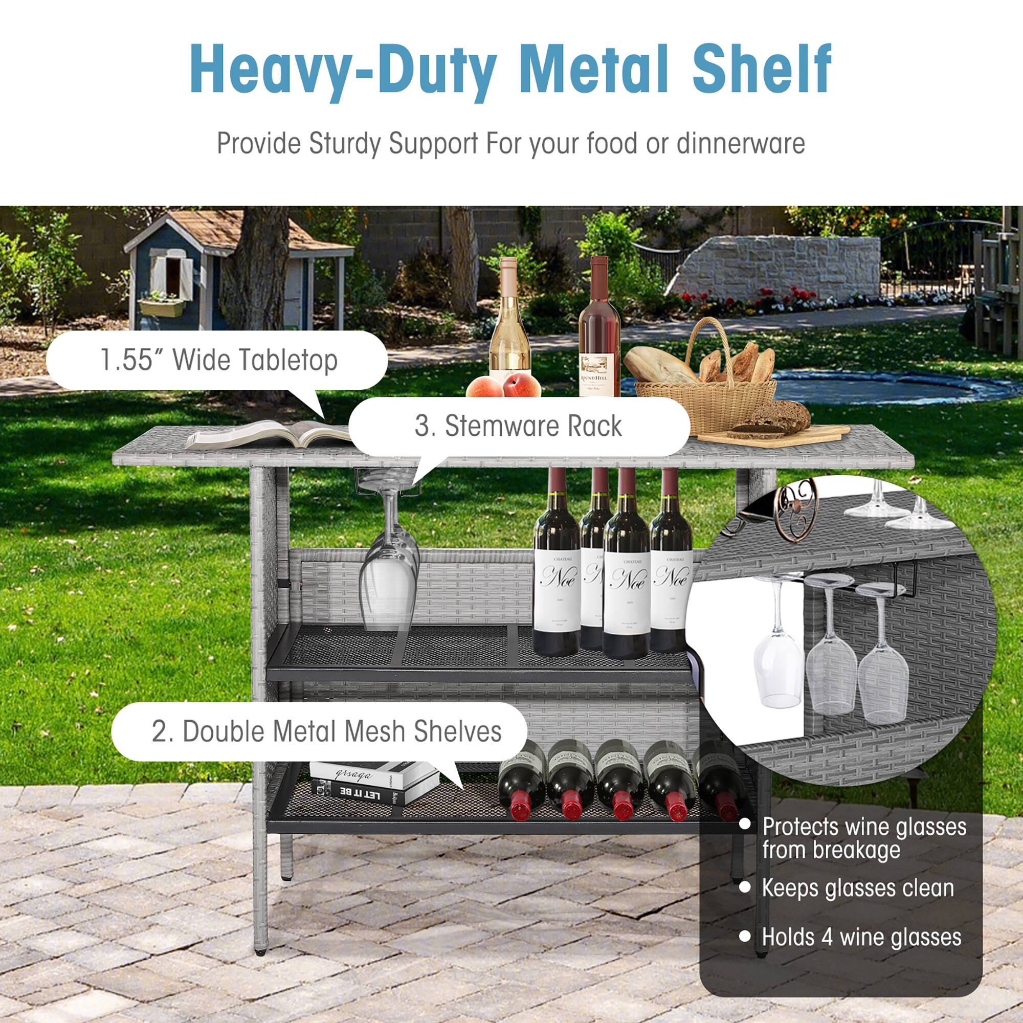 Heavy-Duty Metal Shelf  
Provide Sturdy Support For your food or dinnerware  

1. 1.55" Wide Tabletop  
2. Double Metal Mesh Shelves  
3. Stemware Rack  

- Protects wine glasses from breakage  
- Keeps glasses clean  
- Holds 4 wine glasses