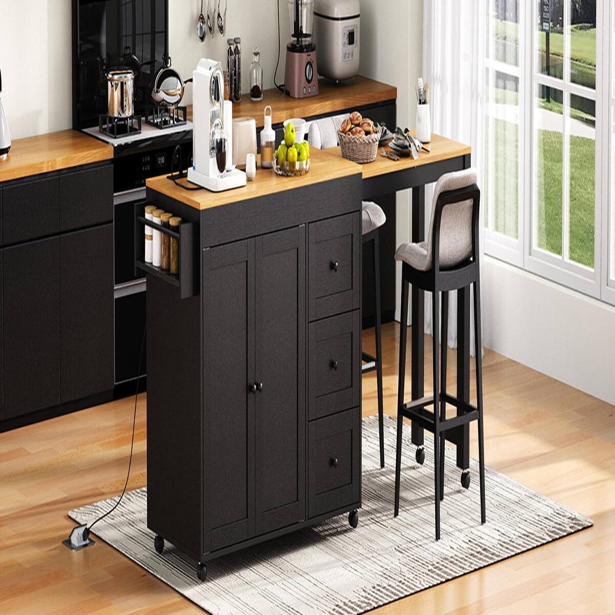 Alt View 9. Loheer - Loheer Black Kitchen Island with Extendable Dining Table, Rolling Kitchen Cart with Power Outlet, 74.8" MDF - Black.