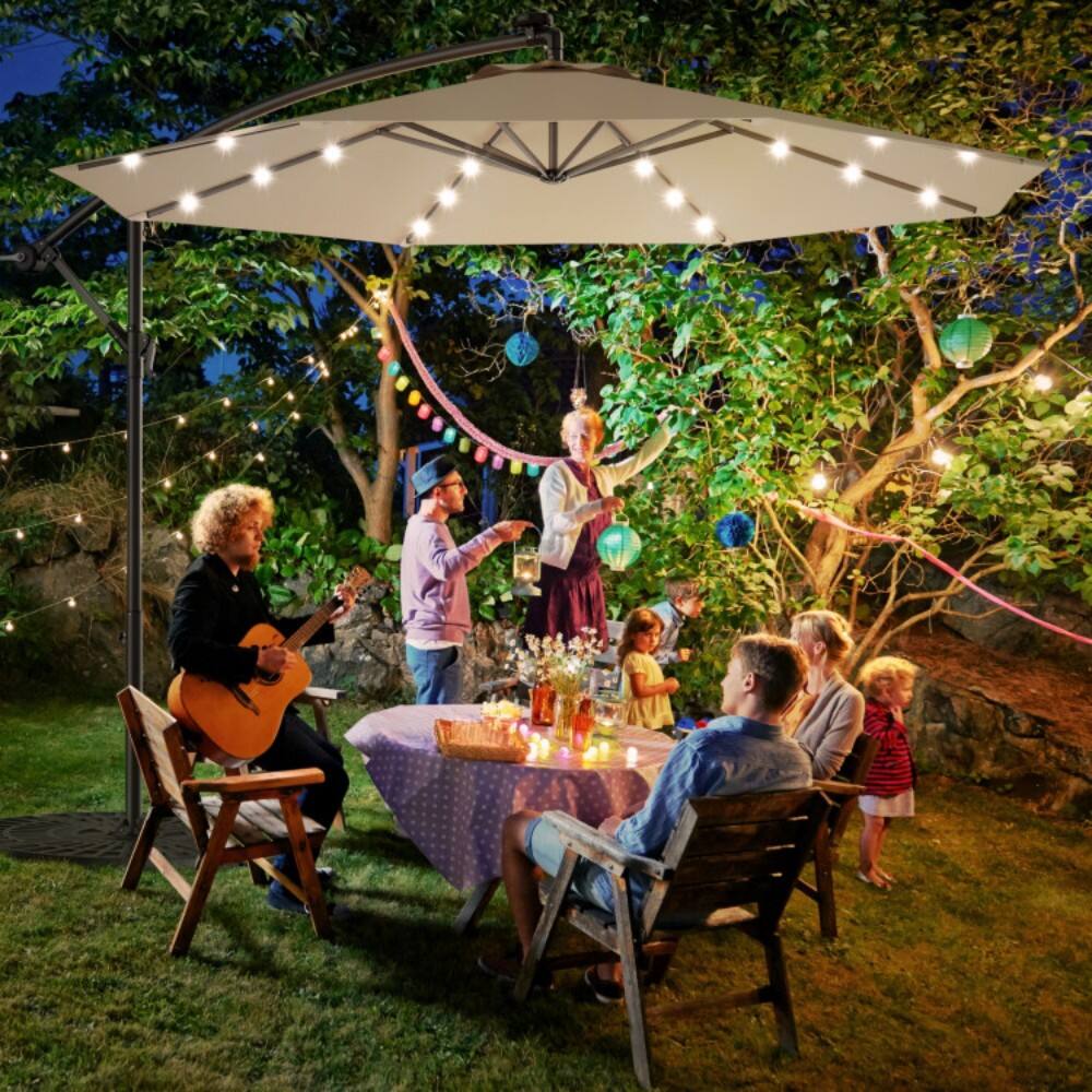 Back. Mondawe - 10ft Solar LED Patio Cantilever Umbrella with Crank - Beige.