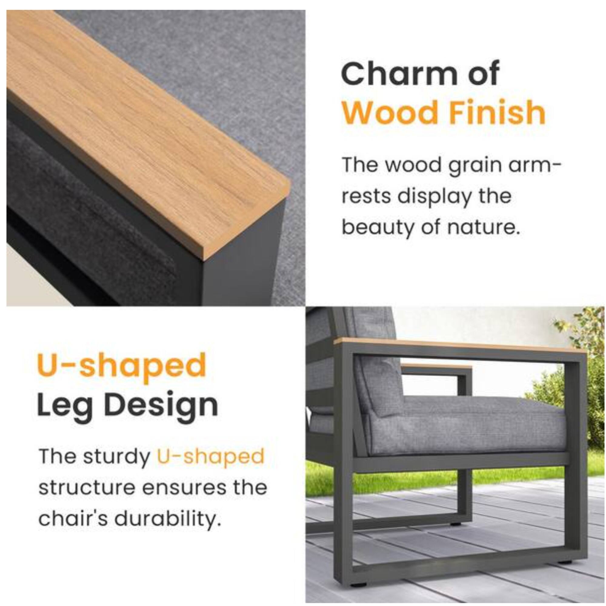 Charm of Wood Finish  
The wood grain armrests display the beauty of nature.  

U-shaped Leg Design  
The sturdy U-shaped structure ensures the chair's durability.