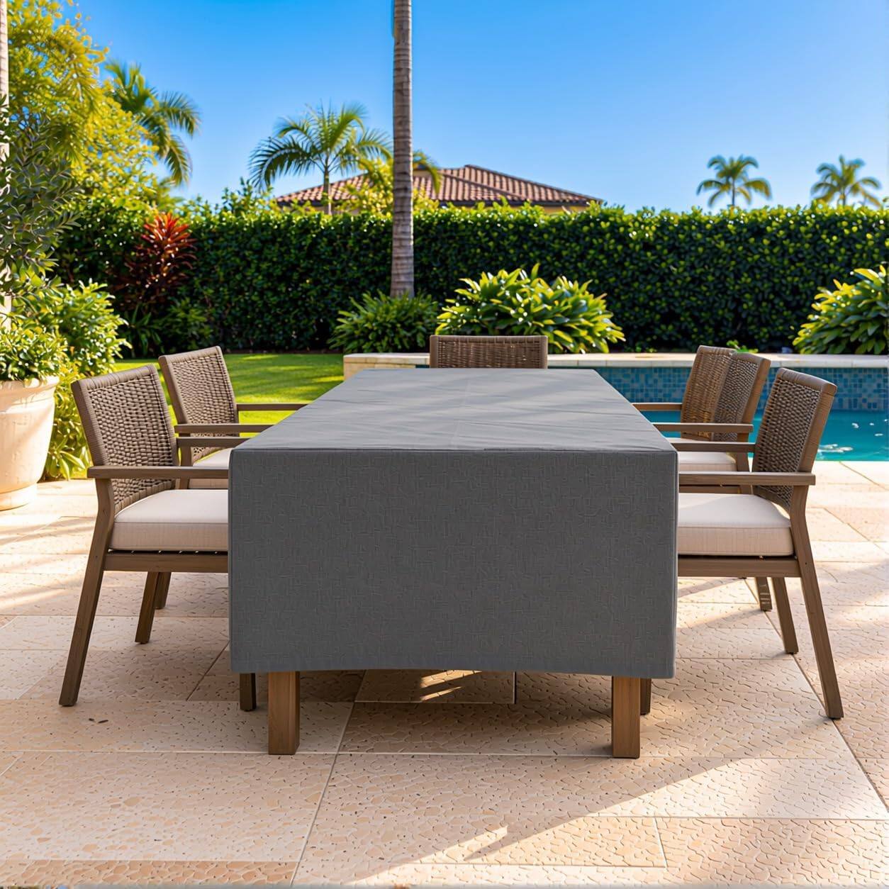 Left. KHOMO GEAR - Outdoor Dining Table Cover - Heavy Duty, Water Resistant Rectangular Patio Dining Table Cover - 60"L x 33"W x 25"H - Gray.