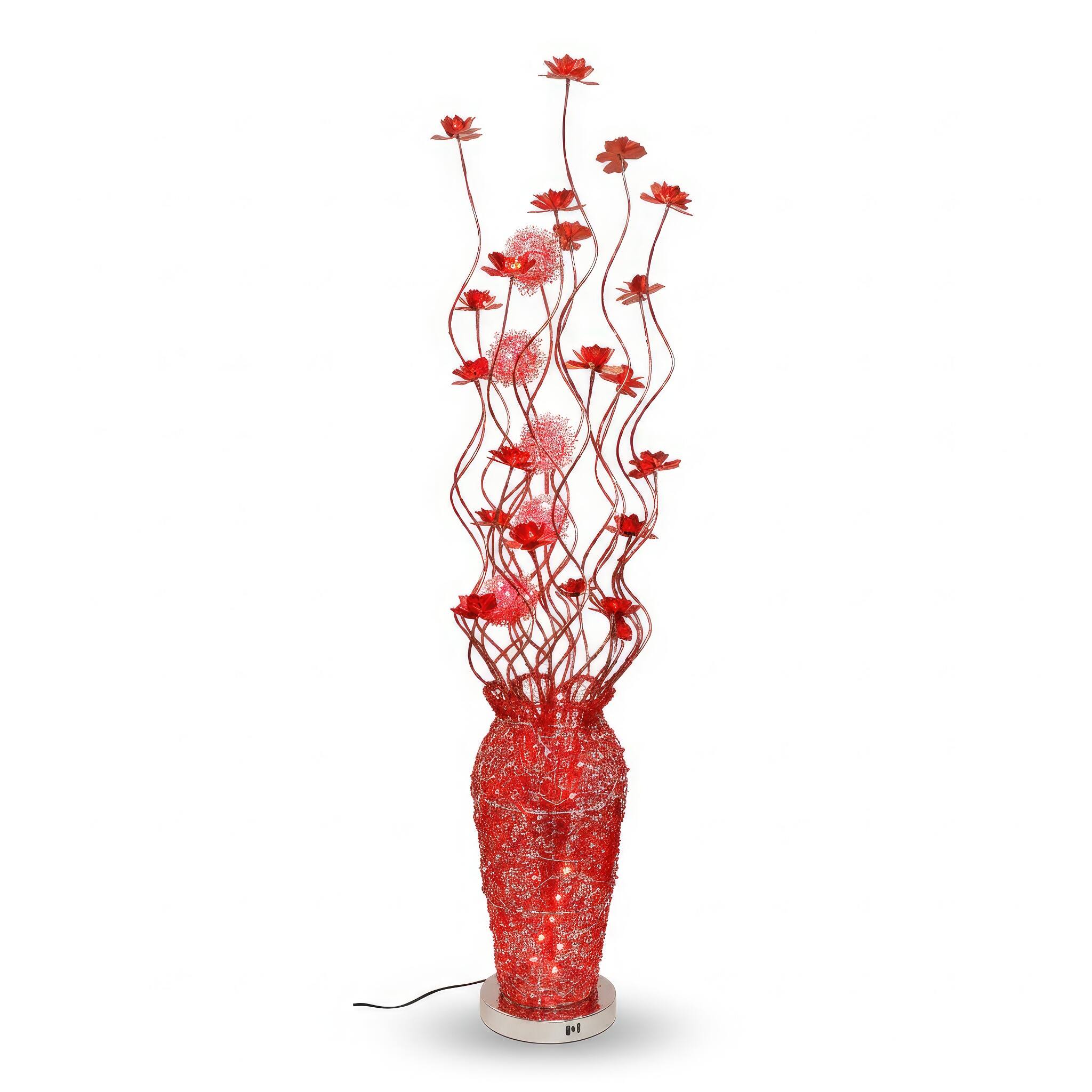 Angle. FC Design - 60"H Red Glitter Vase with Artistic Floral Stem & Purple LED Floor Lamp.