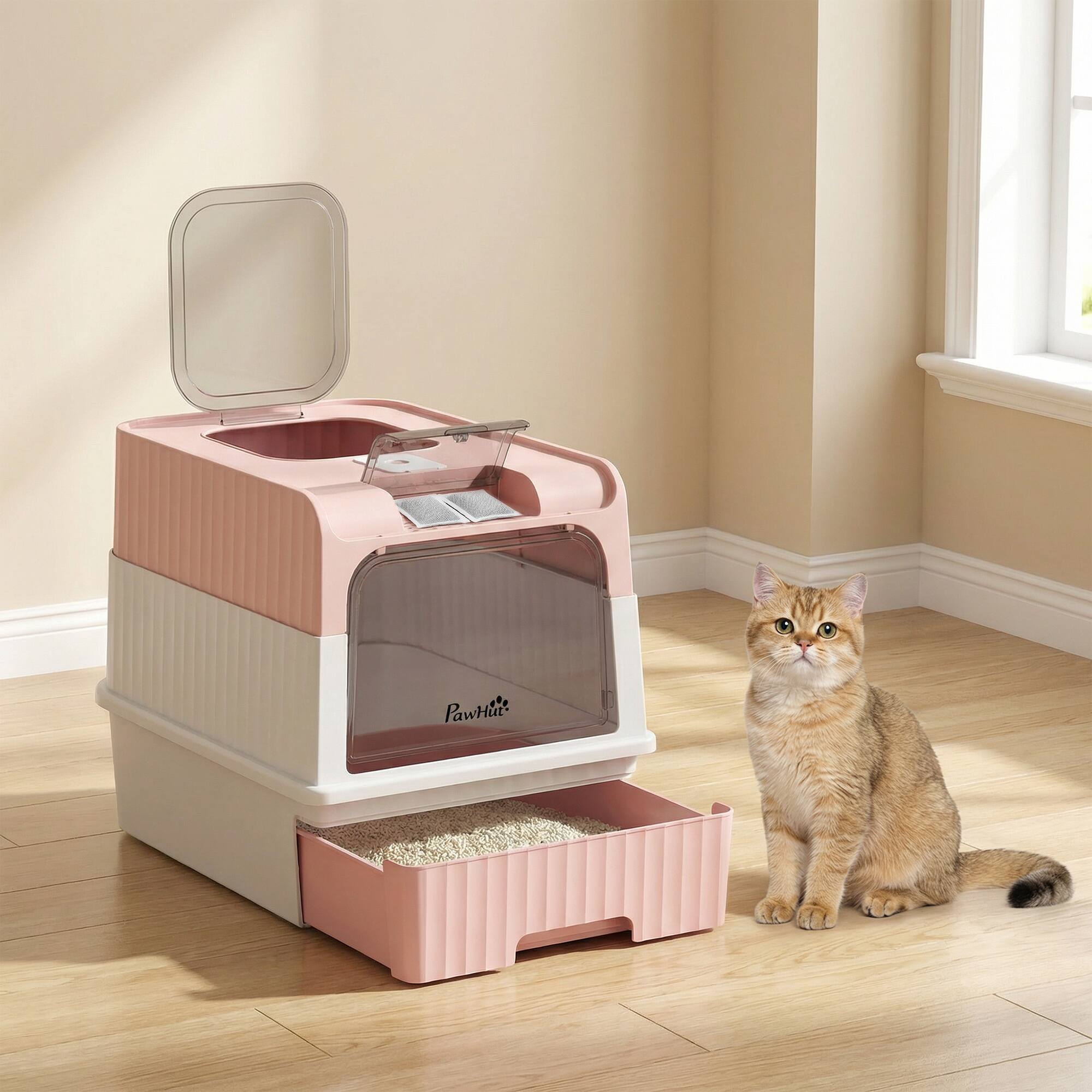 Alt View 7. Pawhut - Litter Box Hooded Cat Litter Tray with Drawer Pan Front Entry & Top Exit Easy Cleaning - Pink.