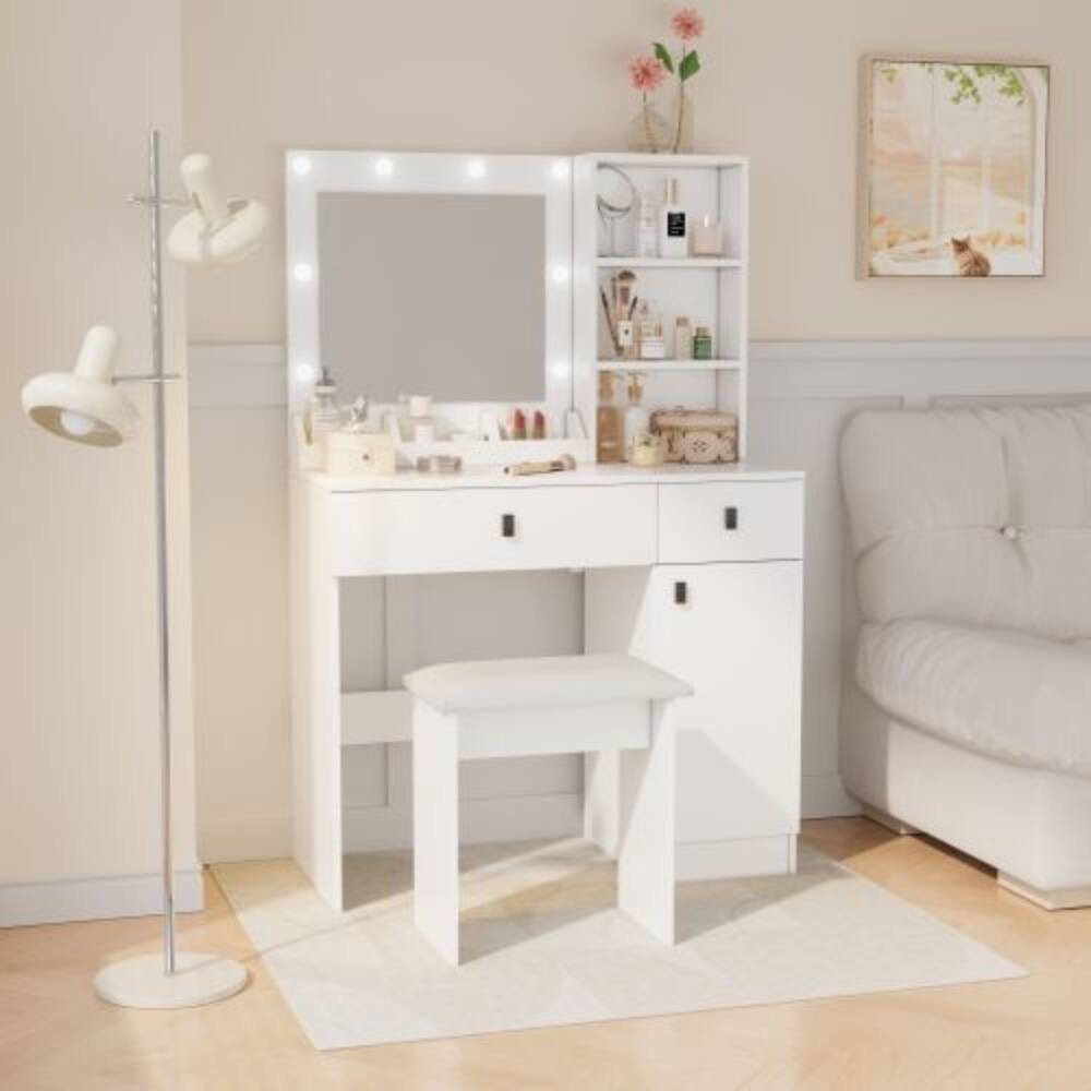 Left. LUCKY ONE - Vanity Desk with LED Mirror, Large Drawers, Three Level Storage and Stool for Bedroom - White.