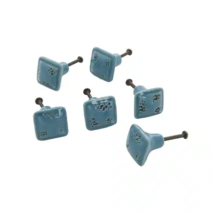 Front. TX USA Corporation - Ceramic Distressed Square Knob Turquoise Set of 6 - Turquoise.