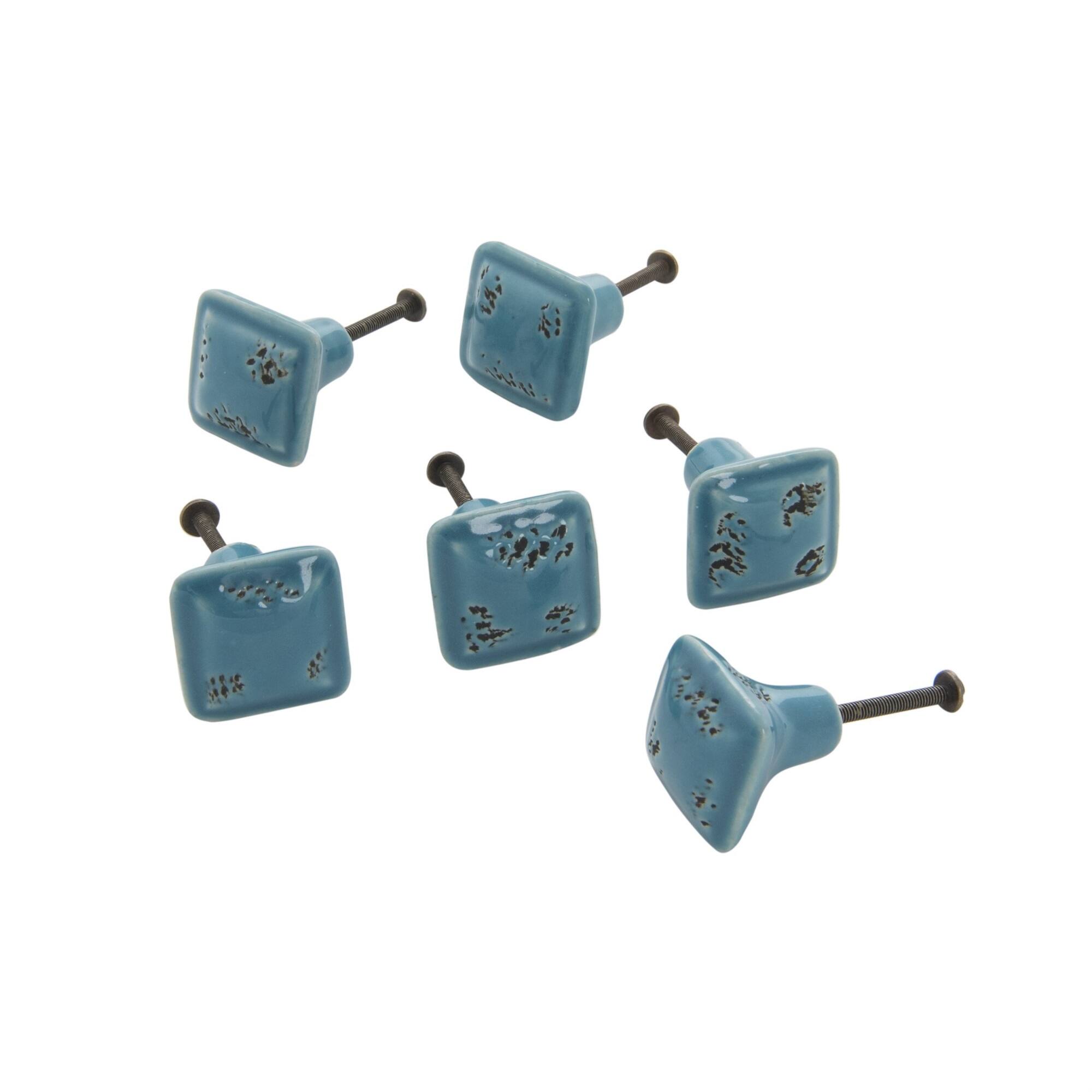 Front. TX USA Corporation - Ceramic Distressed Square Knob Turquoise Set of 6 - Turquoise.