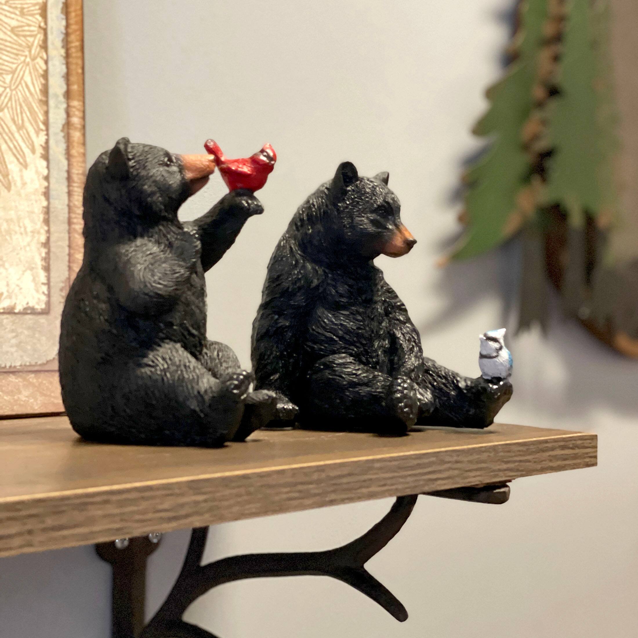 Alt View 3. Things2Die4 - Set of 2 Black Bear Statues with Birds, 5” Tall – Rustic Resin Animal Decor - Black.